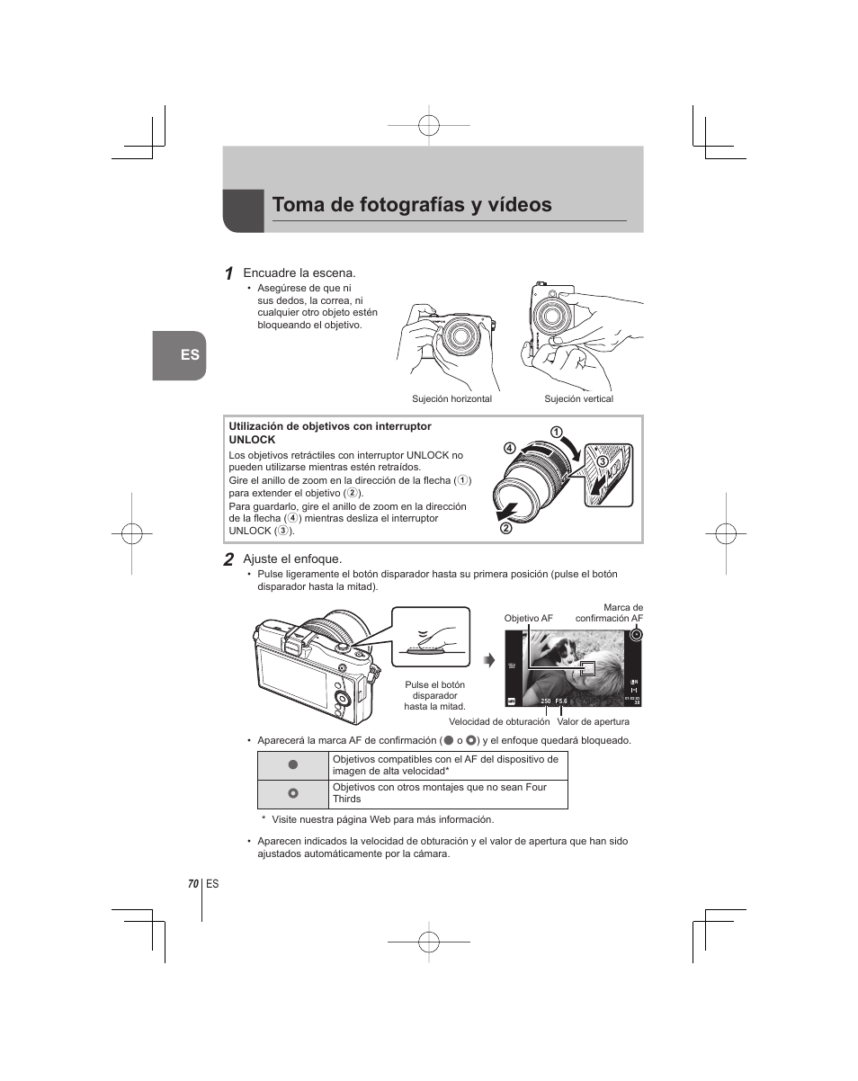 Toma de fotografías y vídeos | Olympus E-PM1 User Manual | Page 70 / 92
