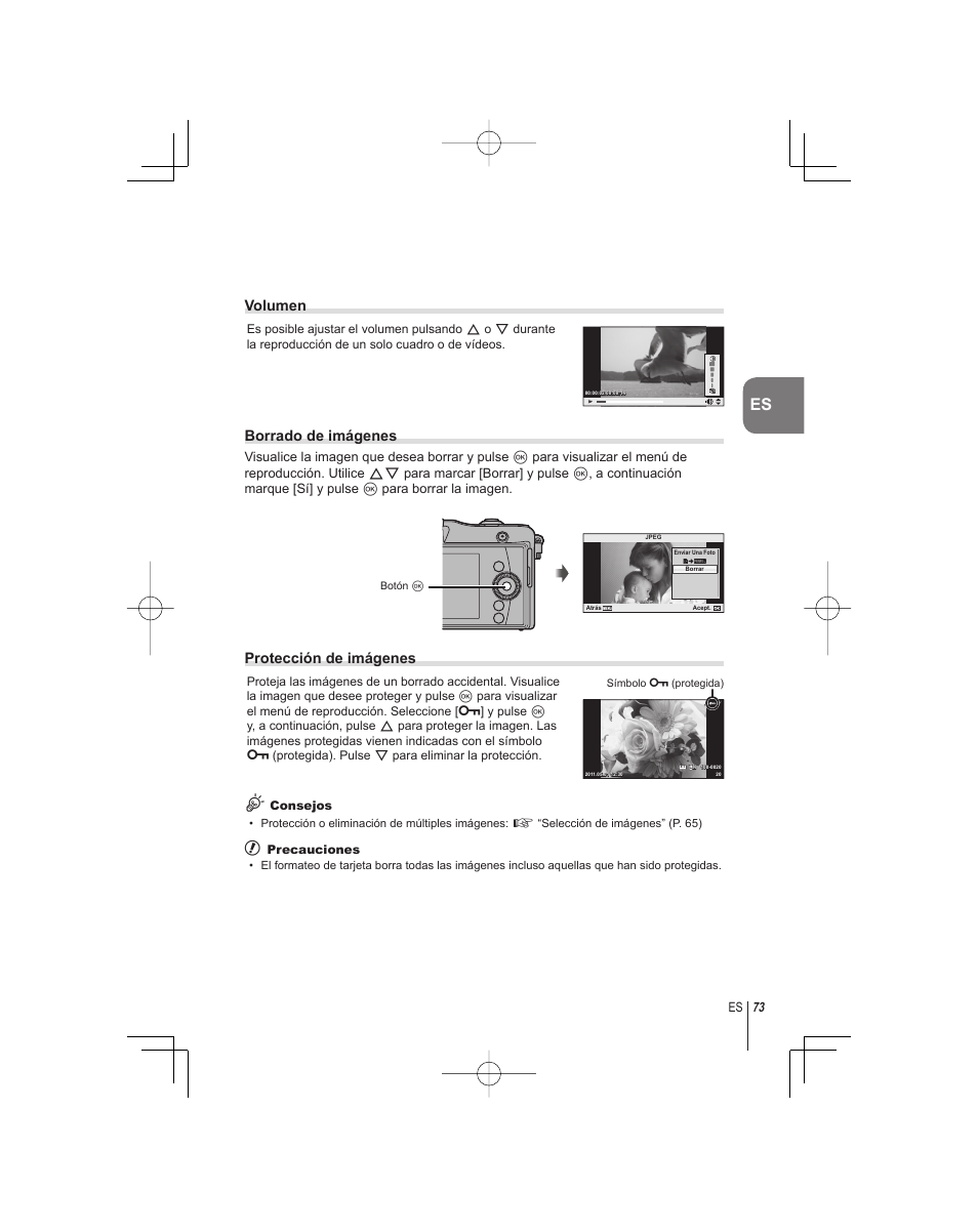 Volumen, Borrado de imágenes, Protección de imágenes | Olympus E-PM1 User Manual | Page 73 / 92