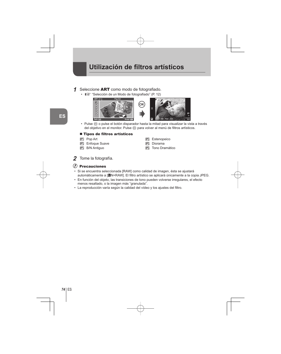 Utilización de fi ltros artísticos | Olympus E-PM1 User Manual | Page 74 / 92