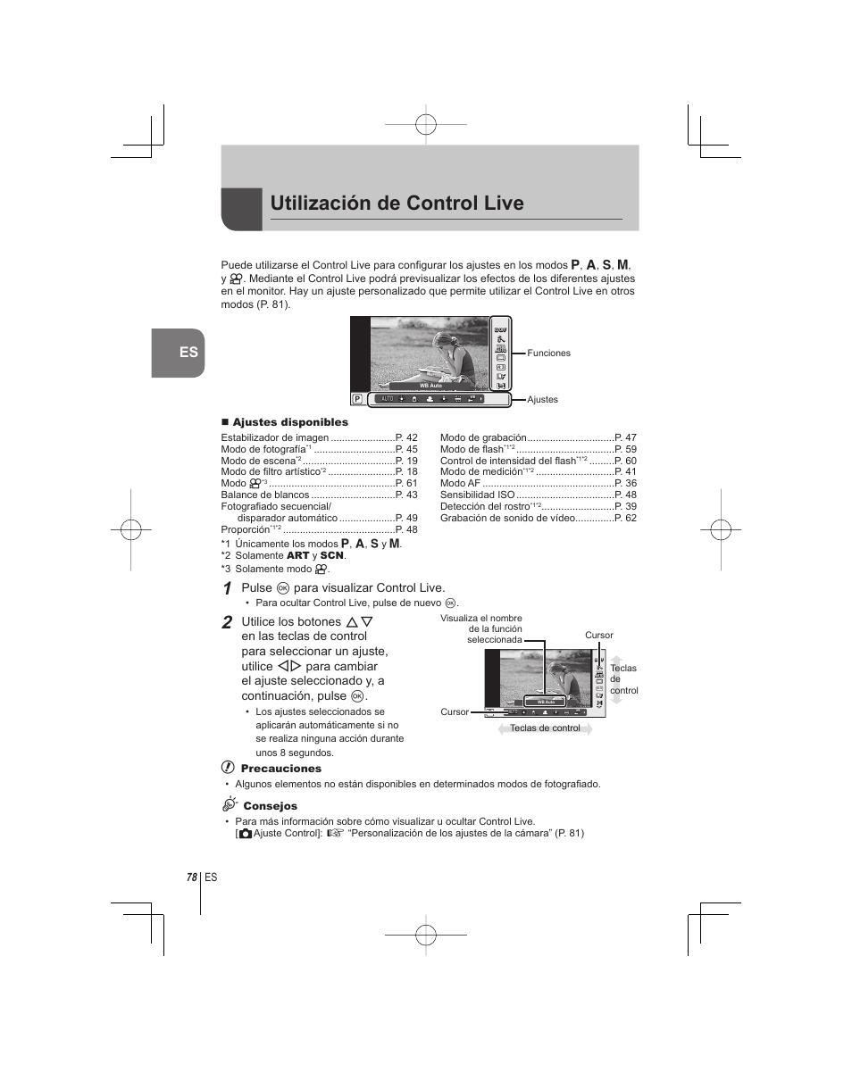 Utilización de control live, Pulse q para visualizar control live, Ajustes disponibles | Precauciones, Consejos | Olympus E-PM1 User Manual | Page 78 / 92