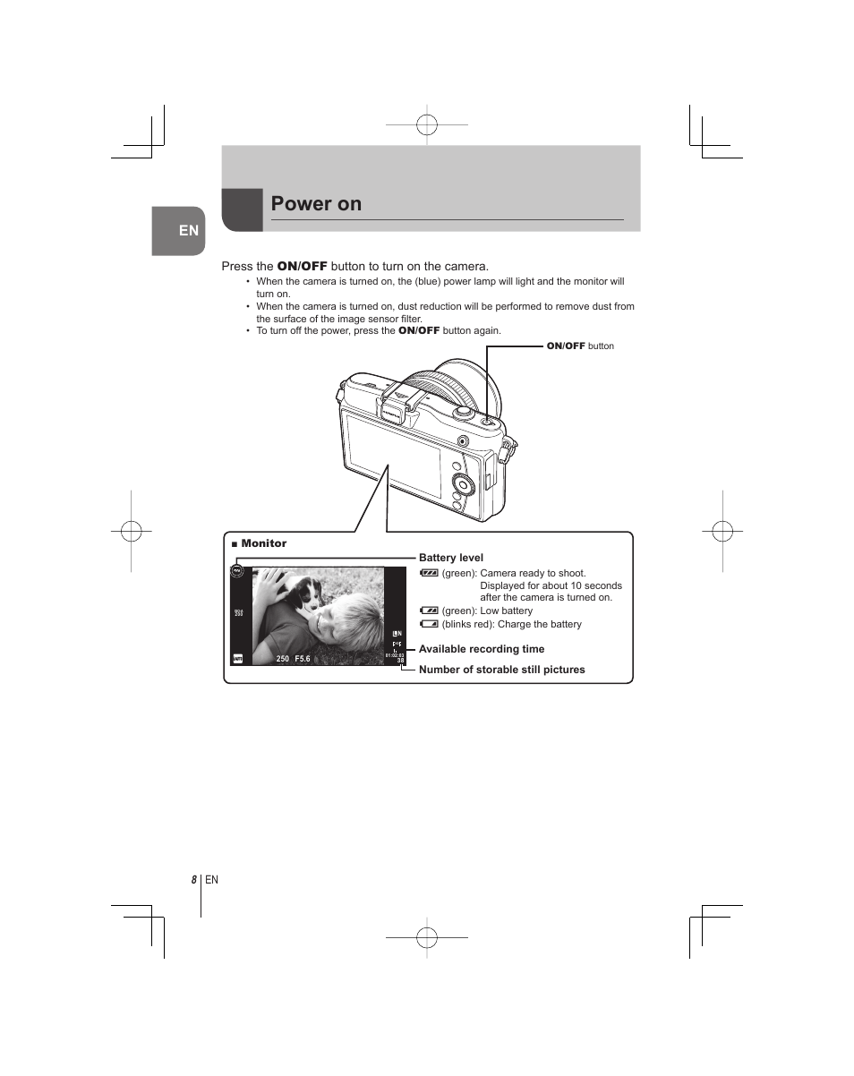 Power on | Olympus E-PM1 User Manual | Page 8 / 92