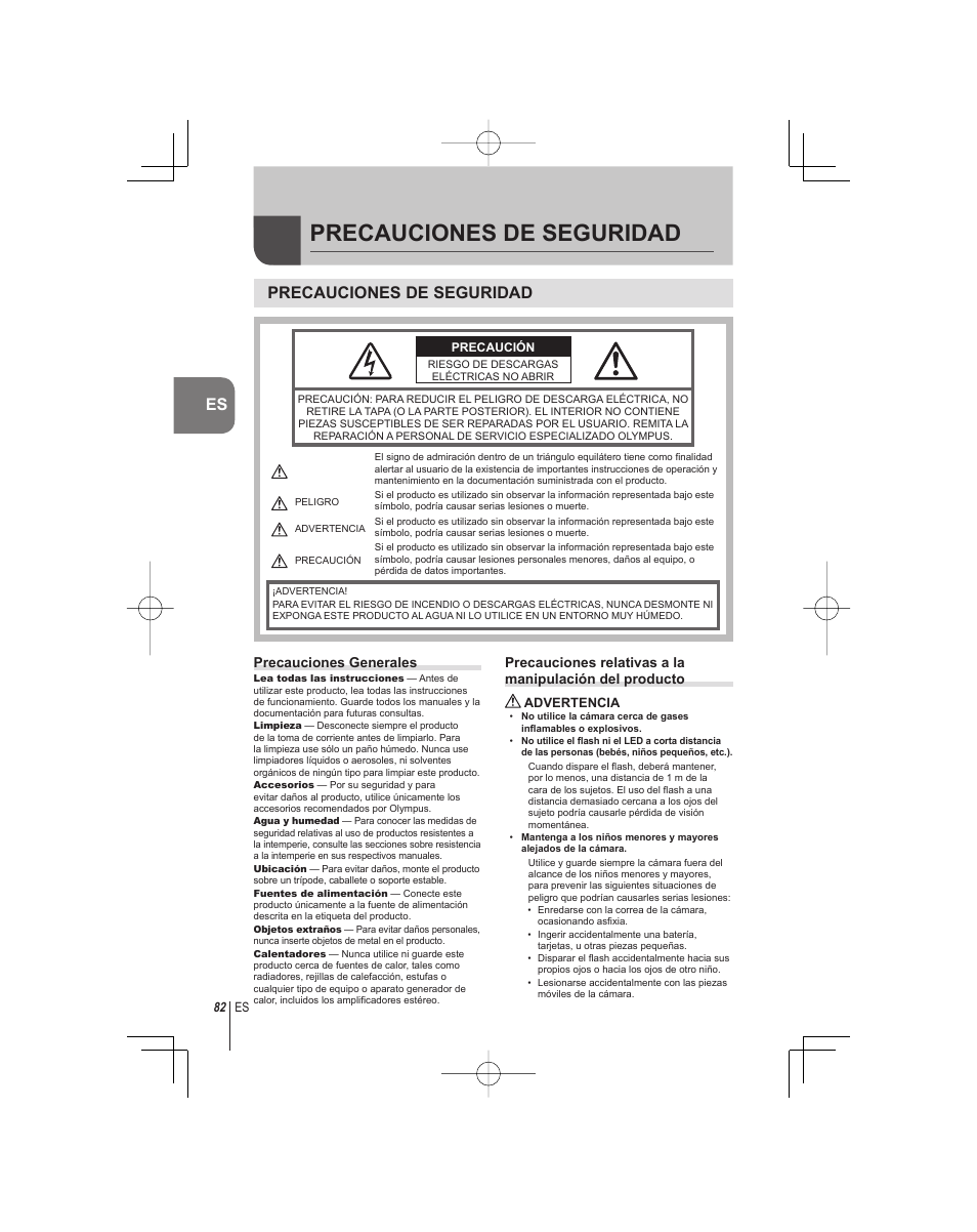 Precauciones de seguridad, Es precauciones de seguridad | Olympus E-PM1 User Manual | Page 82 / 92