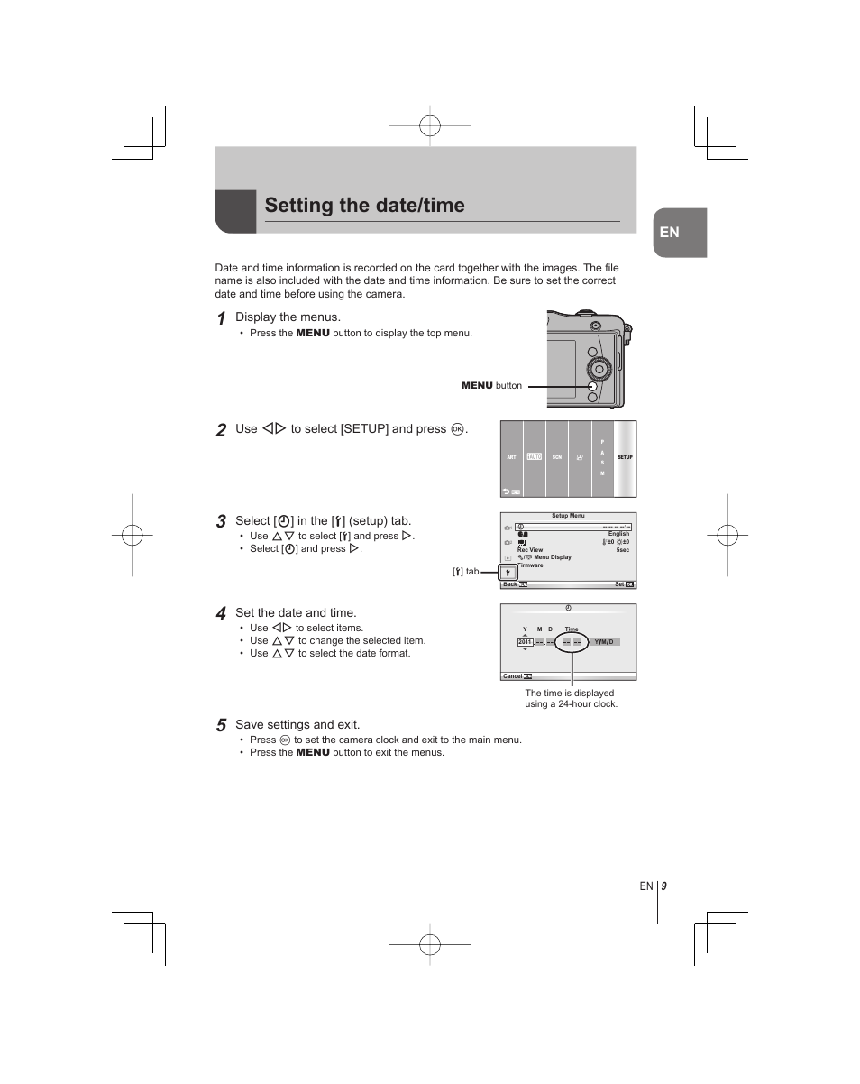 Setting the date/time | Olympus E-PM1 User Manual | Page 9 / 92