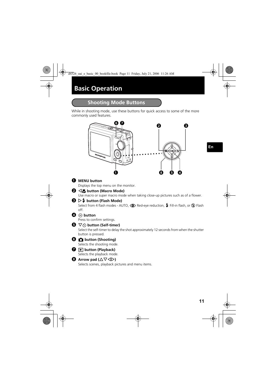 Basic operation, Shooting mode buttons | Olympus FE-200 User Manual | Page 11 / 108