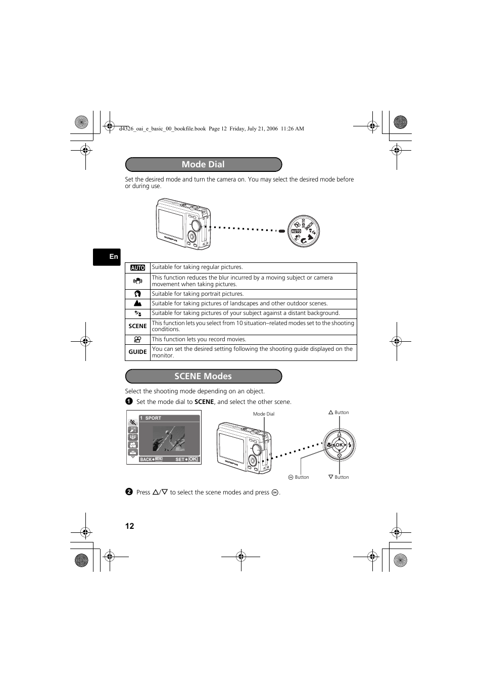 Mode dial, Scene modes | Olympus FE-200 User Manual | Page 12 / 108