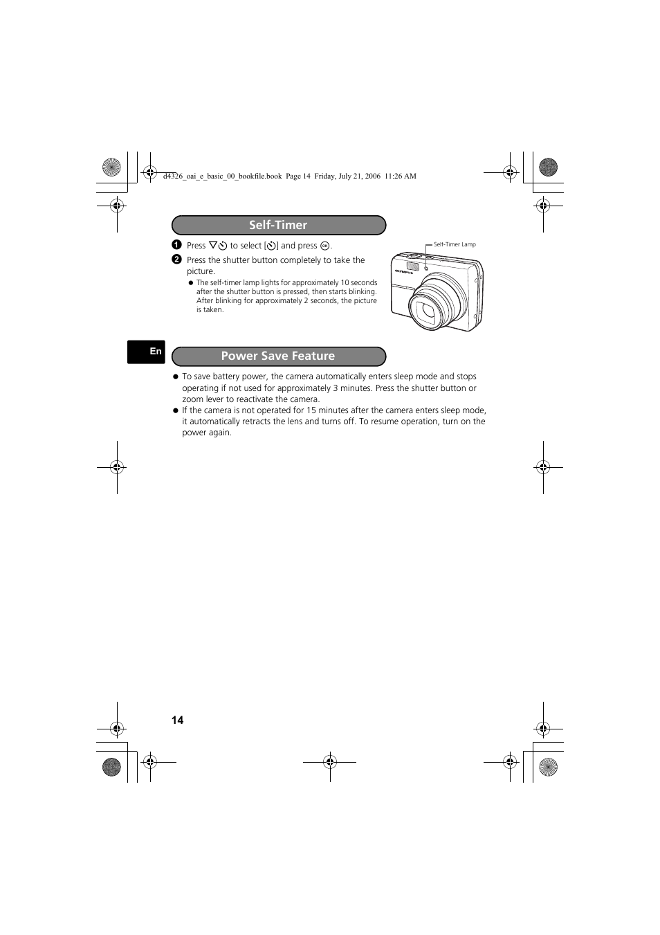 Self-timer, Power save feature | Olympus FE-200 User Manual | Page 14 / 108
