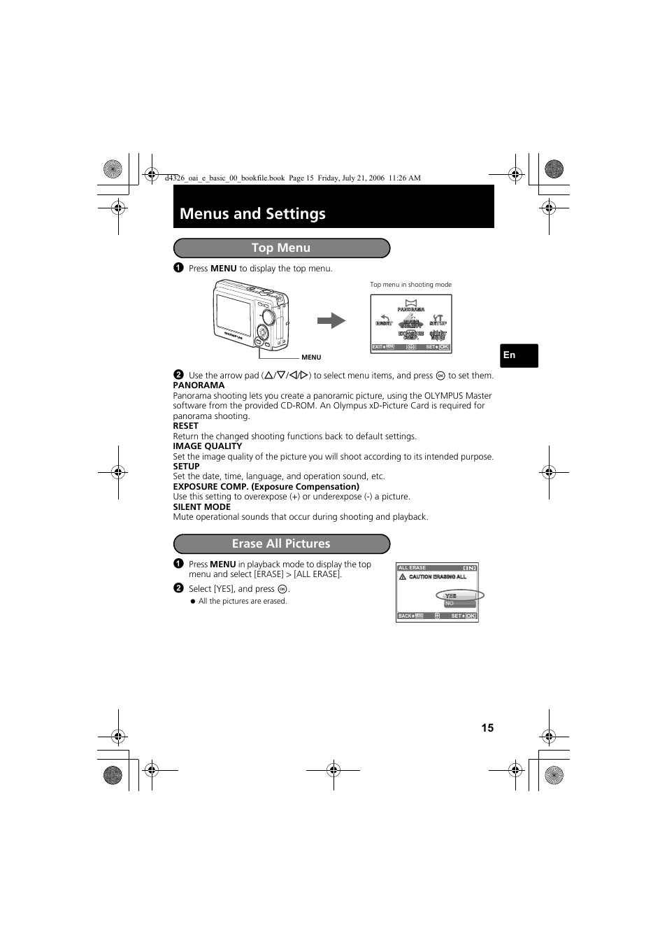 Menus and settings, Top menu, Erase all pictures | Olympus FE-200 User Manual | Page 15 / 108