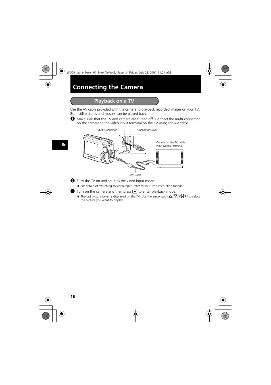 Connecting the camera, Playback on a tv | Olympus FE-200 User Manual | Page 16 / 108