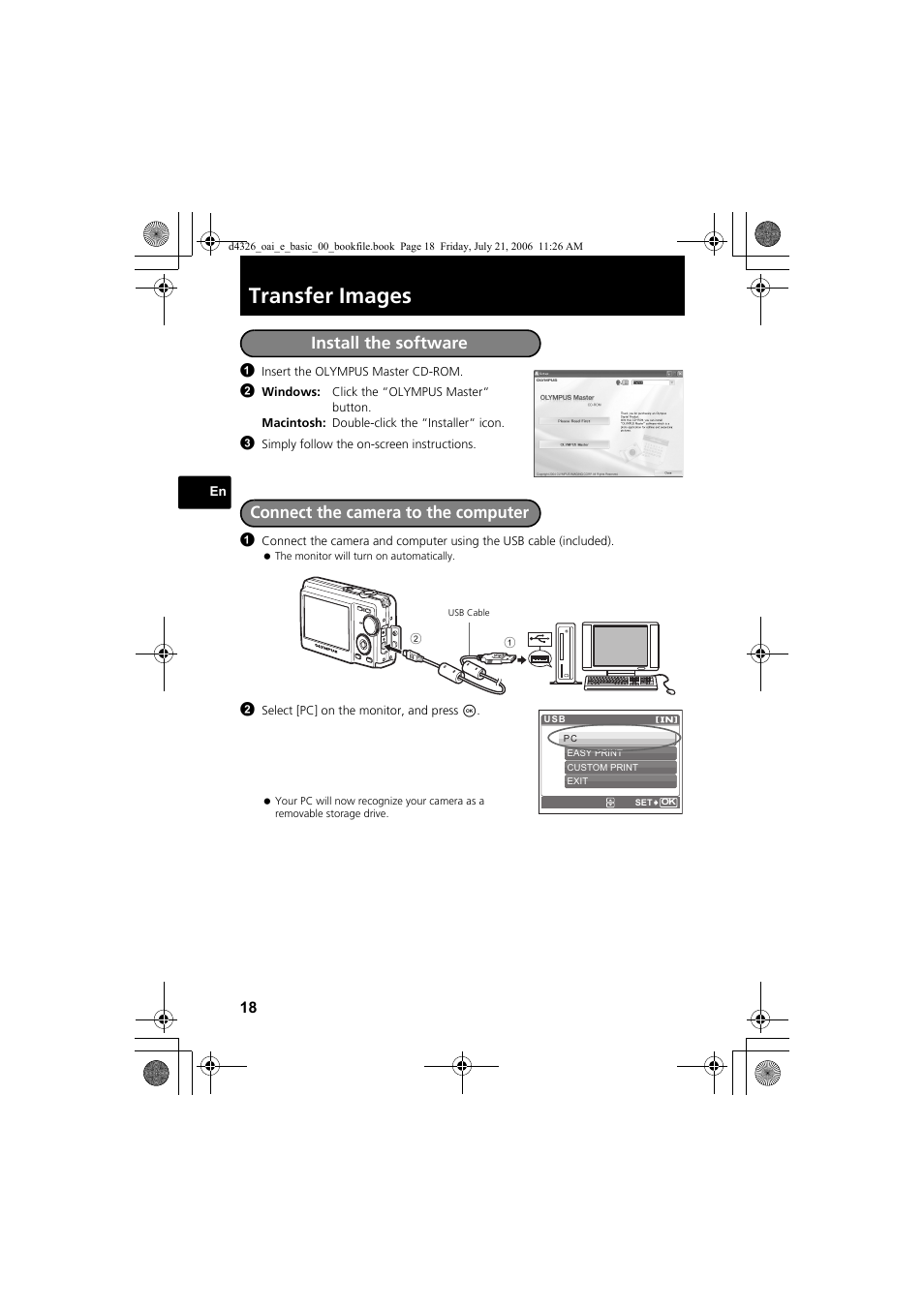 Transfer images, Install the software, Connect the camera to the computer | Olympus FE-200 User Manual | Page 18 / 108
