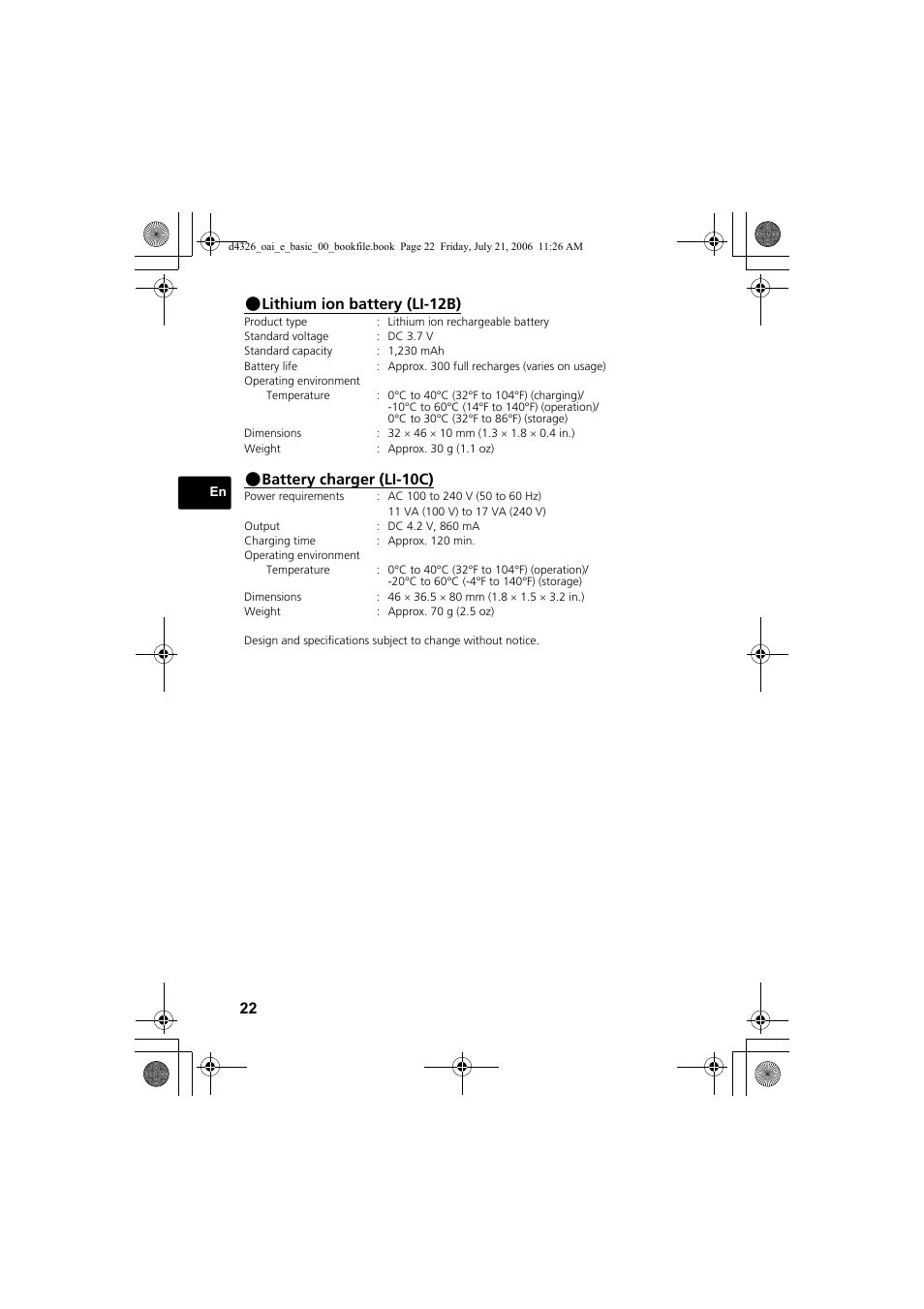 Lithium ion battery (li-12b), Battery charger (li-10c) | Olympus FE-200 User Manual | Page 22 / 108