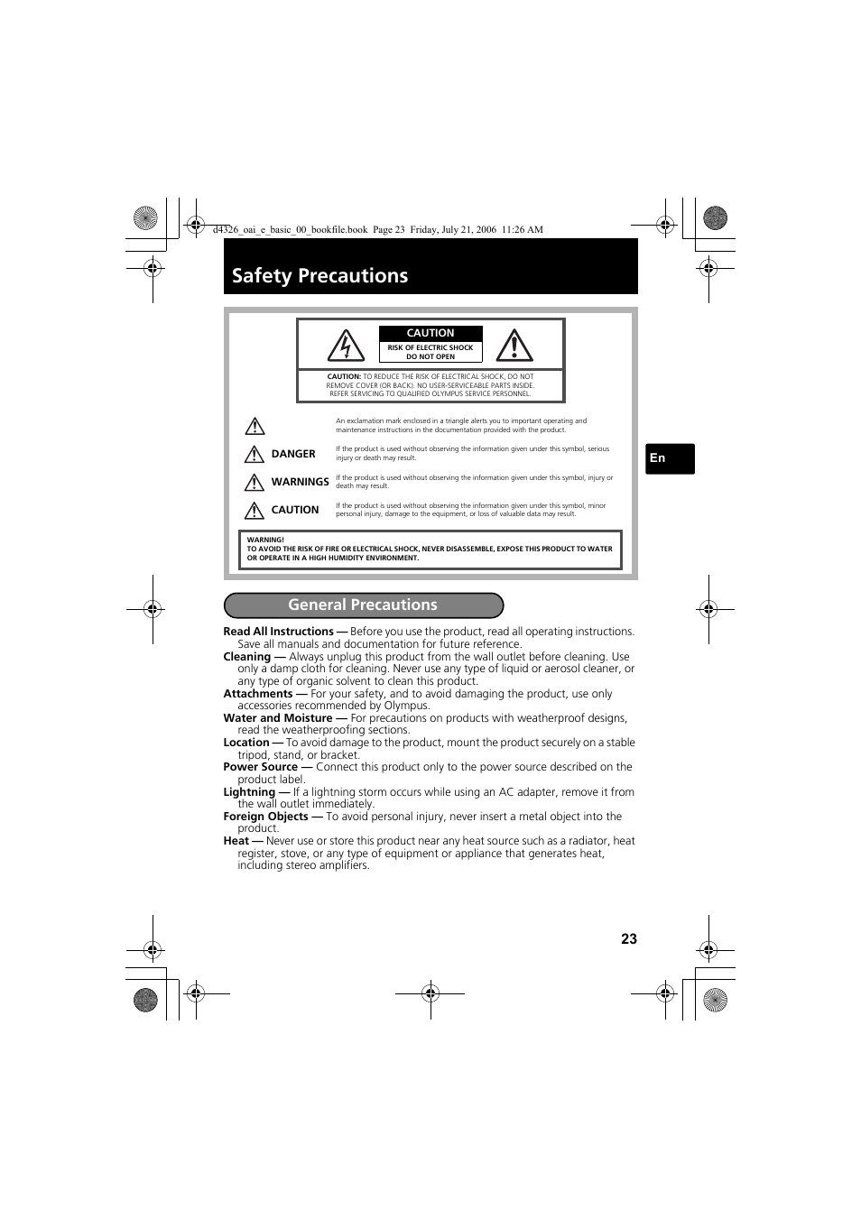 Safety precautions, General precautions | Olympus FE-200 User Manual | Page 23 / 108