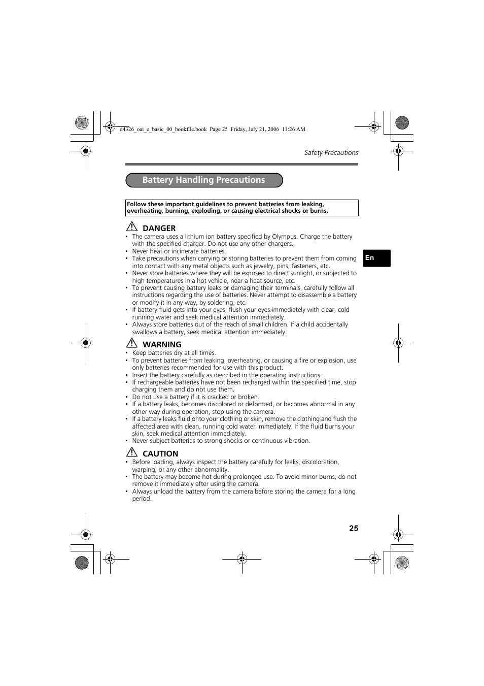 Battery handling precautions, Danger, Warning | Caution | Olympus FE-200 User Manual | Page 25 / 108