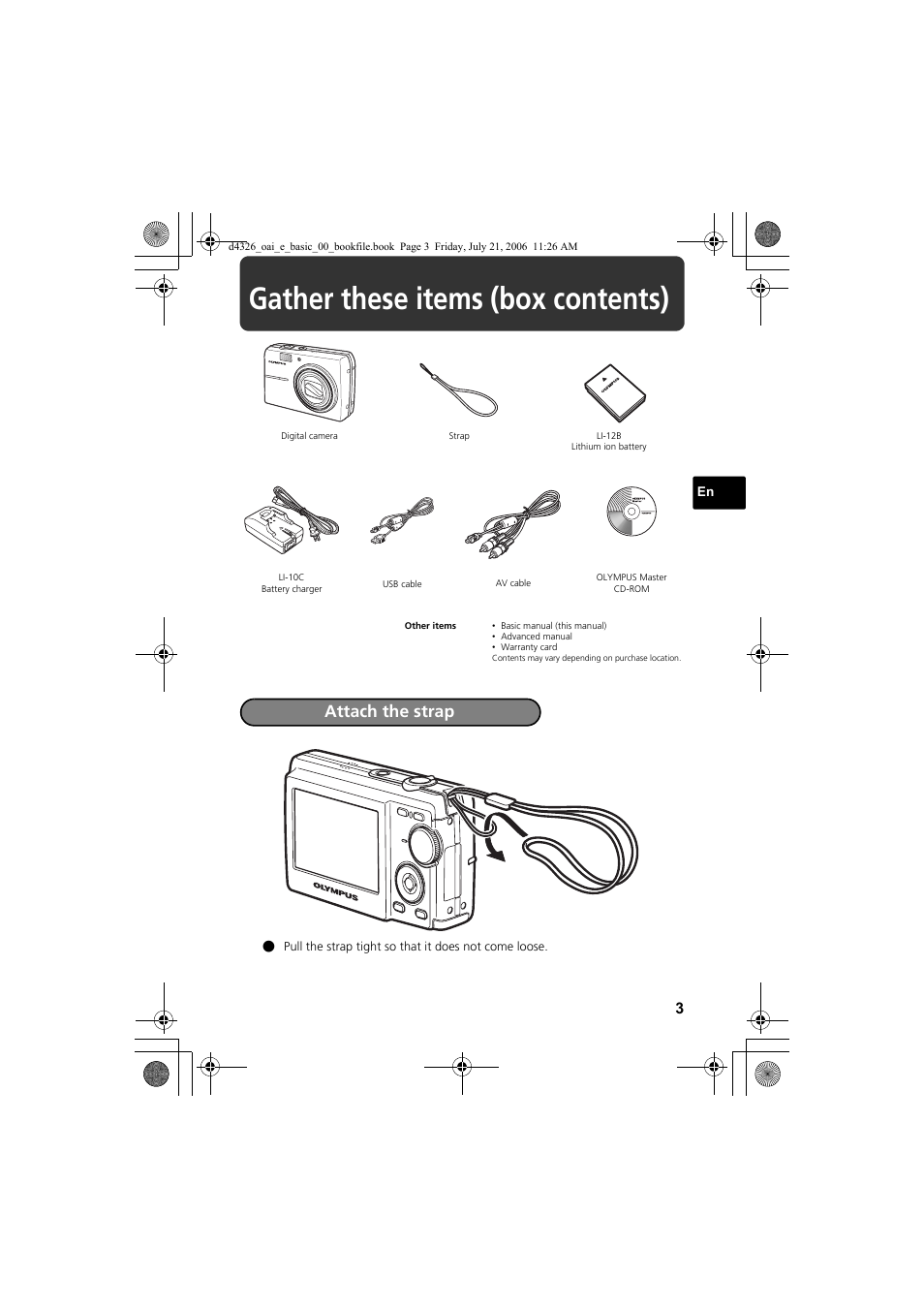 Gather these items (box contents), Attach the strap | Olympus FE-200 User Manual | Page 3 / 108
