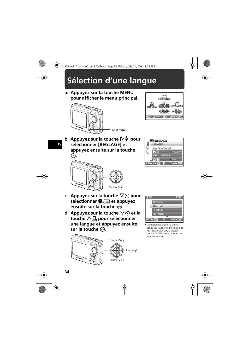 Sélection d’une langue | Olympus FE-200 User Manual | Page 34 / 108