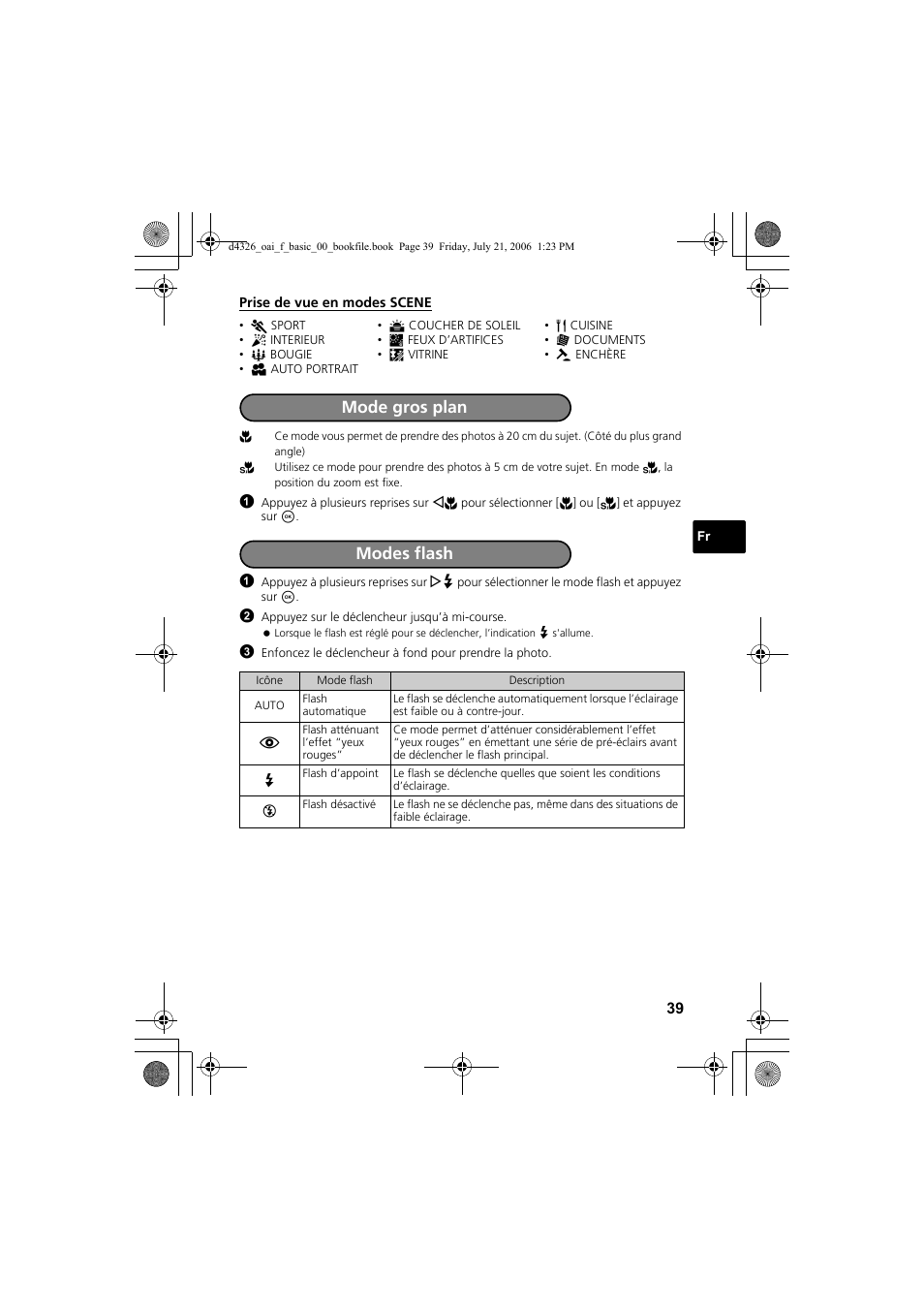 Mode gros plan, Modes flash | Olympus FE-200 User Manual | Page 39 / 108