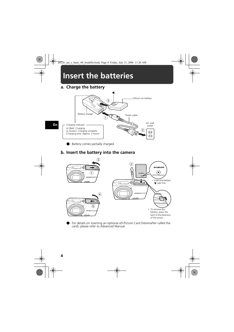 Insert the batteries, A. charge the battery, B. insert the battery into the camera | Olympus FE-200 User Manual | Page 4 / 108