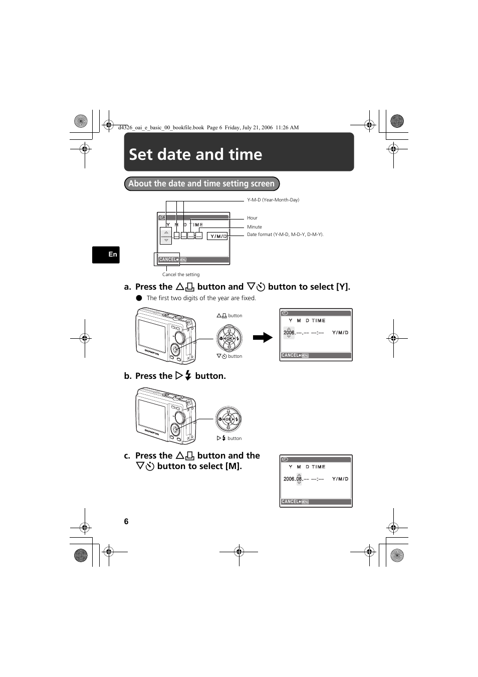 Set date and time | Olympus FE-200 User Manual | Page 6 / 108