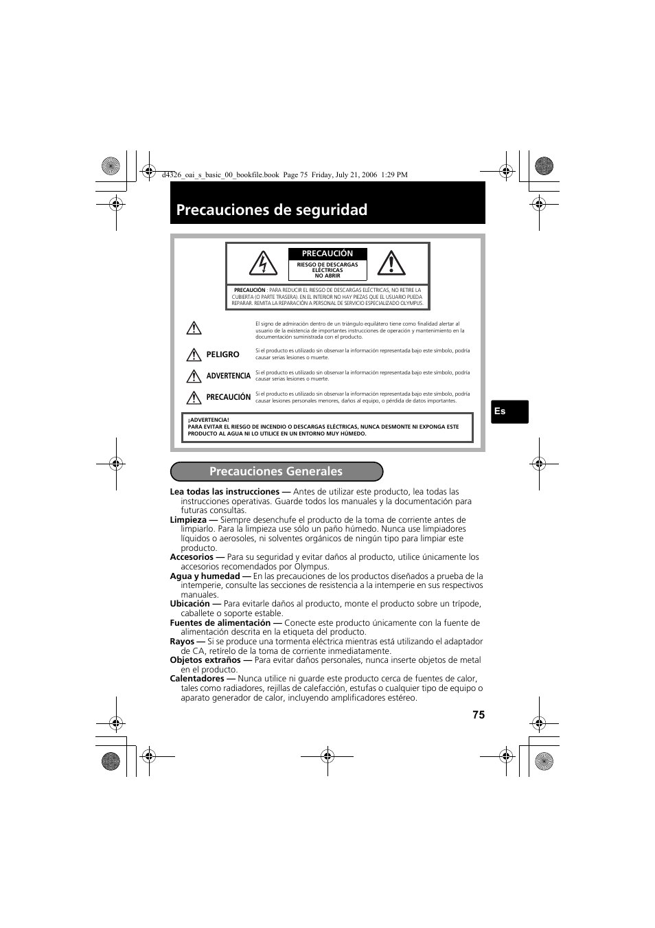Precauciones de seguridad, Precauciones generales | Olympus FE-200 User Manual | Page 75 / 108