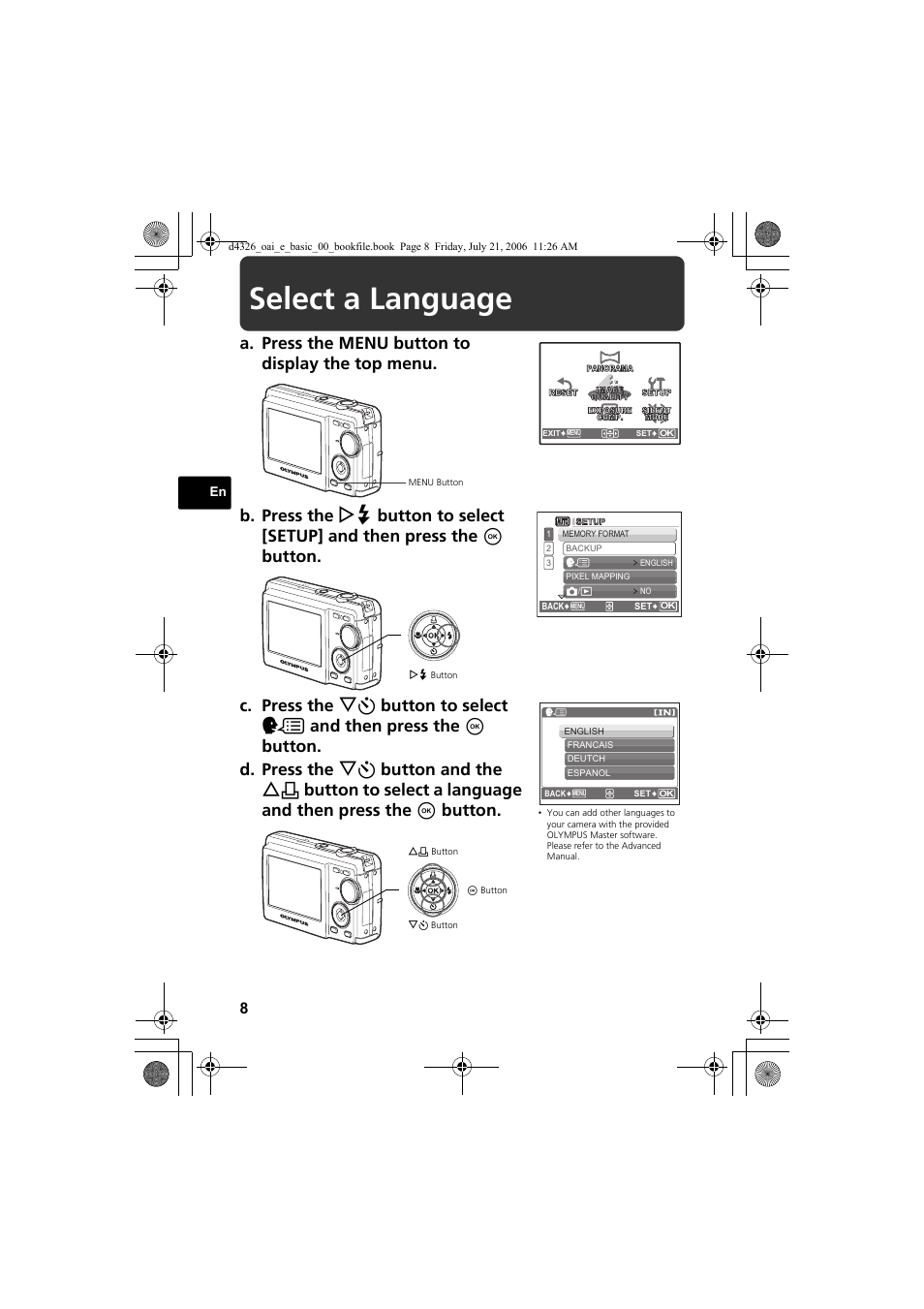 Select a language | Olympus FE-200 User Manual | Page 8 / 108