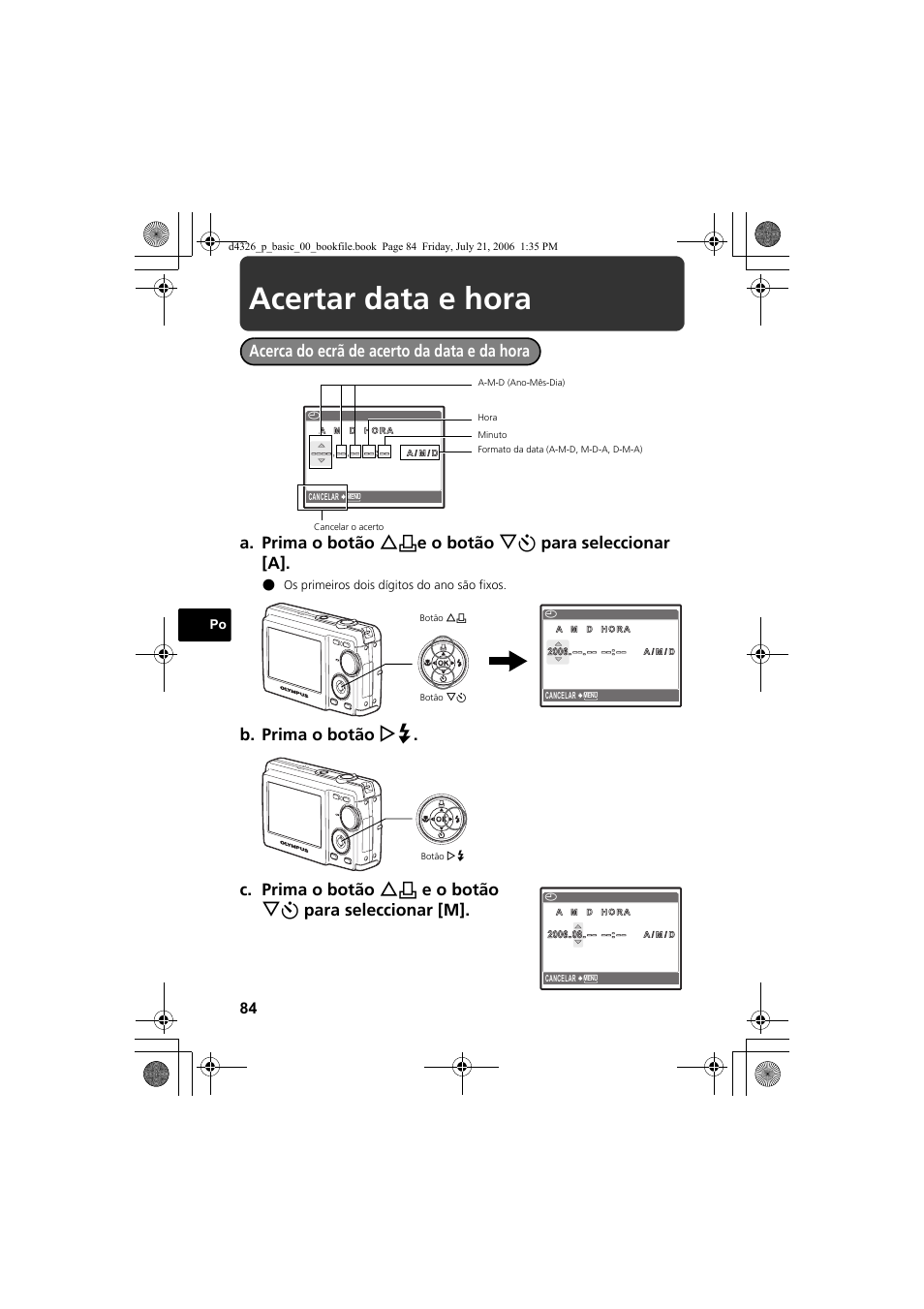 Acertar data e hora | Olympus FE-200 User Manual | Page 84 / 108