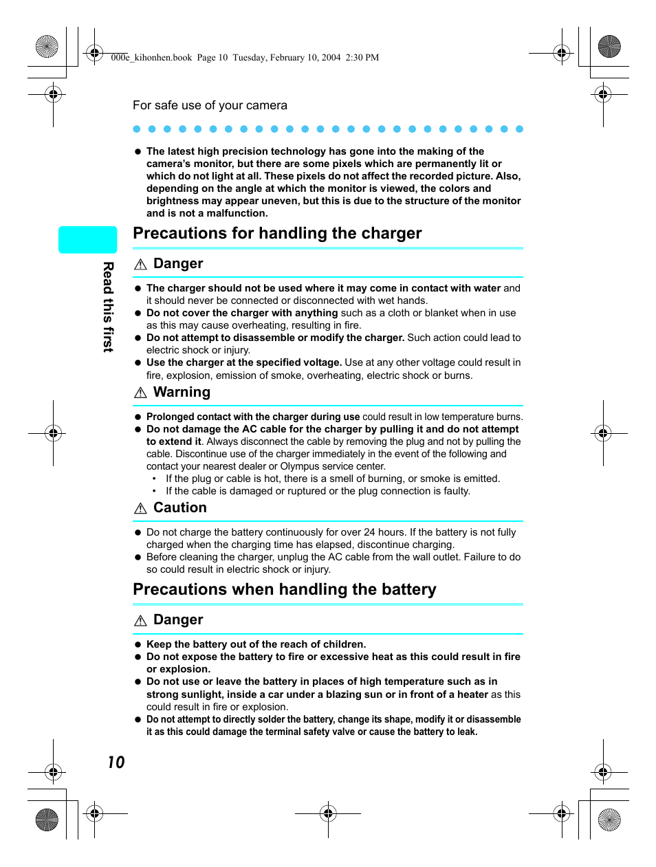Precautions for handling the charger, Precautions when handling the battery, Danger | Warning, Caution | Olympus Stylus 410 Digital User Manual | Page 10 / 72