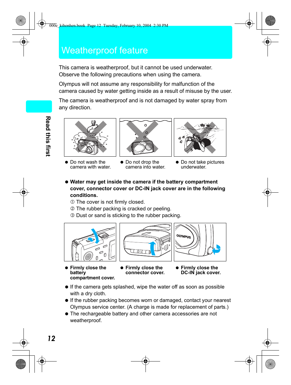 Weatherproof feature | Olympus Stylus 410 Digital User Manual | Page 12 / 72