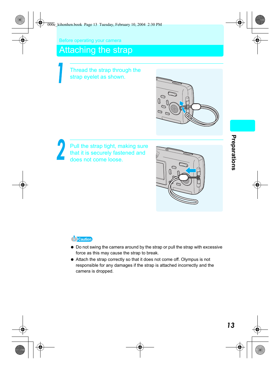 Attaching the strap | Olympus Stylus 410 Digital User Manual | Page 13 / 72