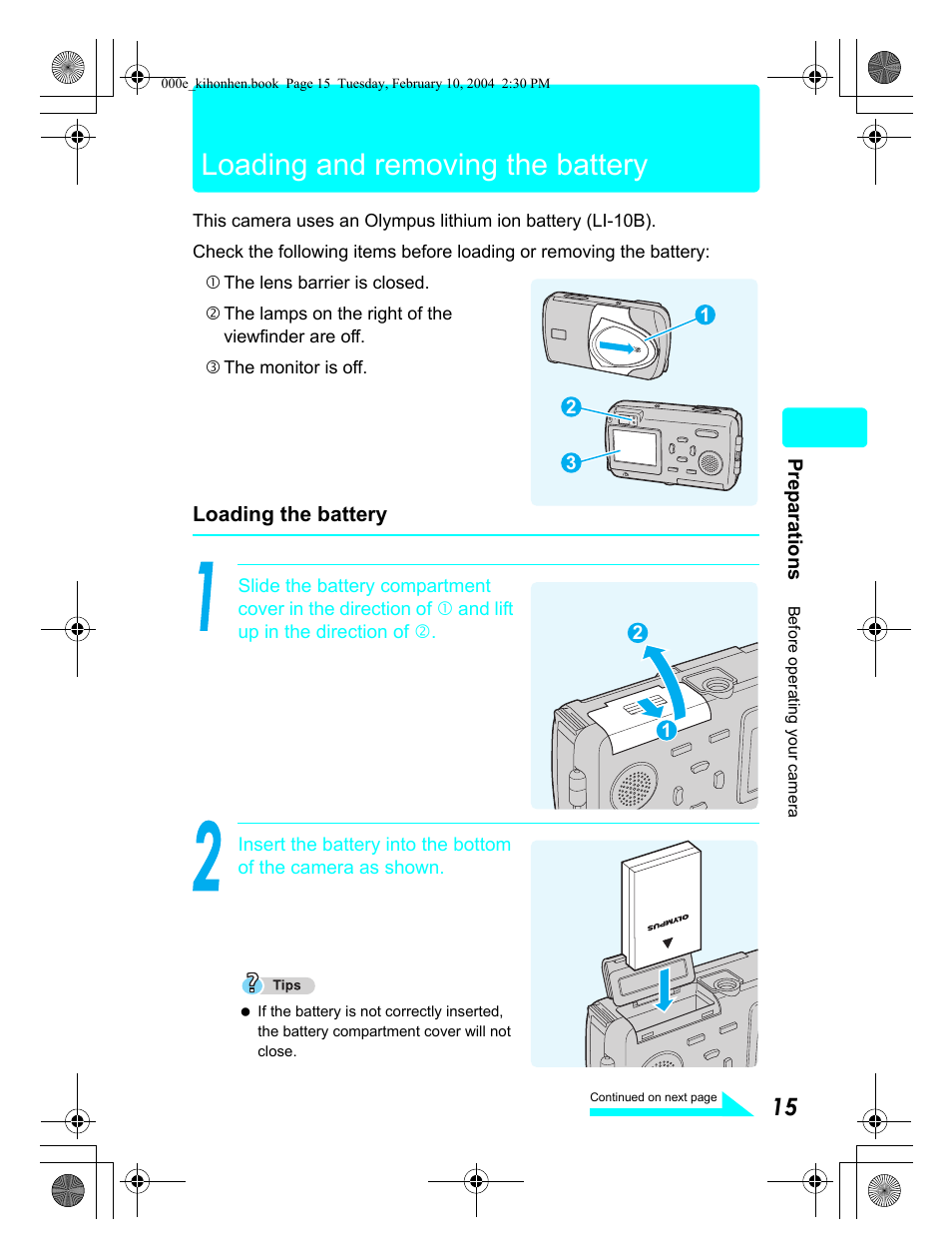 Loading and removing the battery | Olympus Stylus 410 Digital User Manual | Page 15 / 72