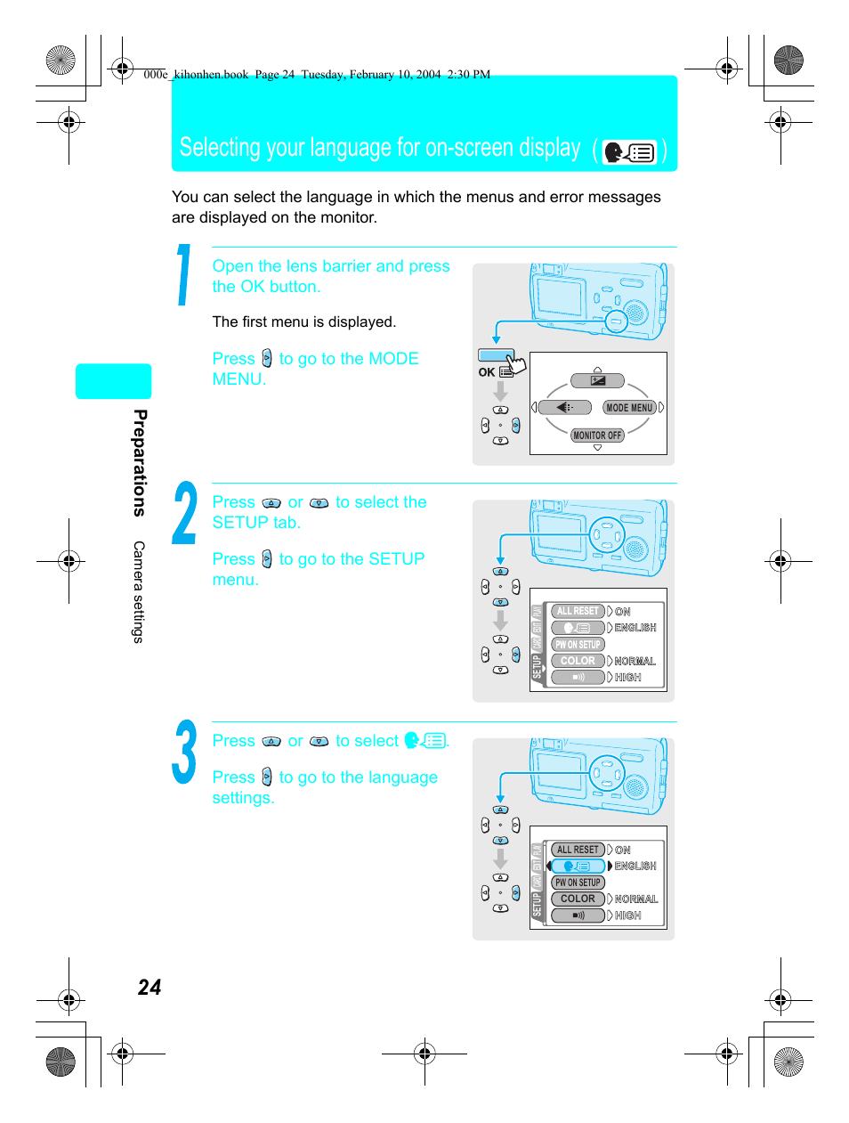 Selecting your language for on-screen display ( ), Prep arations, The first menu is displayed | Olympus Stylus 410 Digital User Manual | Page 24 / 72