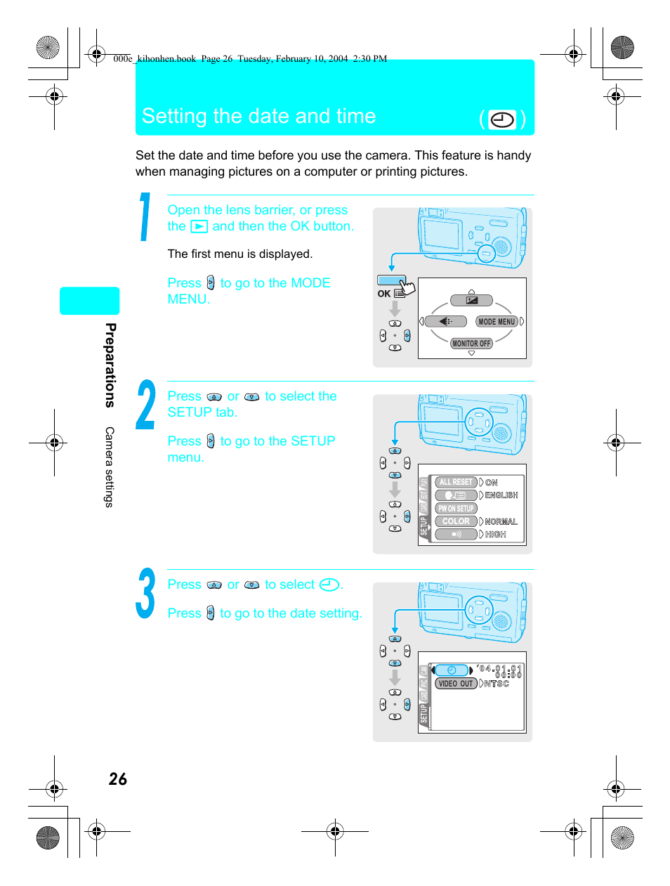 Setting the date and time ( ), Prep arations | Olympus Stylus 410 Digital User Manual | Page 26 / 72