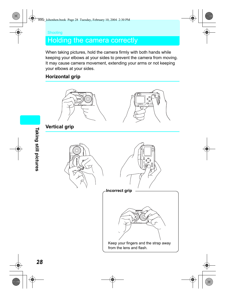 Holding the camera correctly | Olympus Stylus 410 Digital User Manual | Page 28 / 72