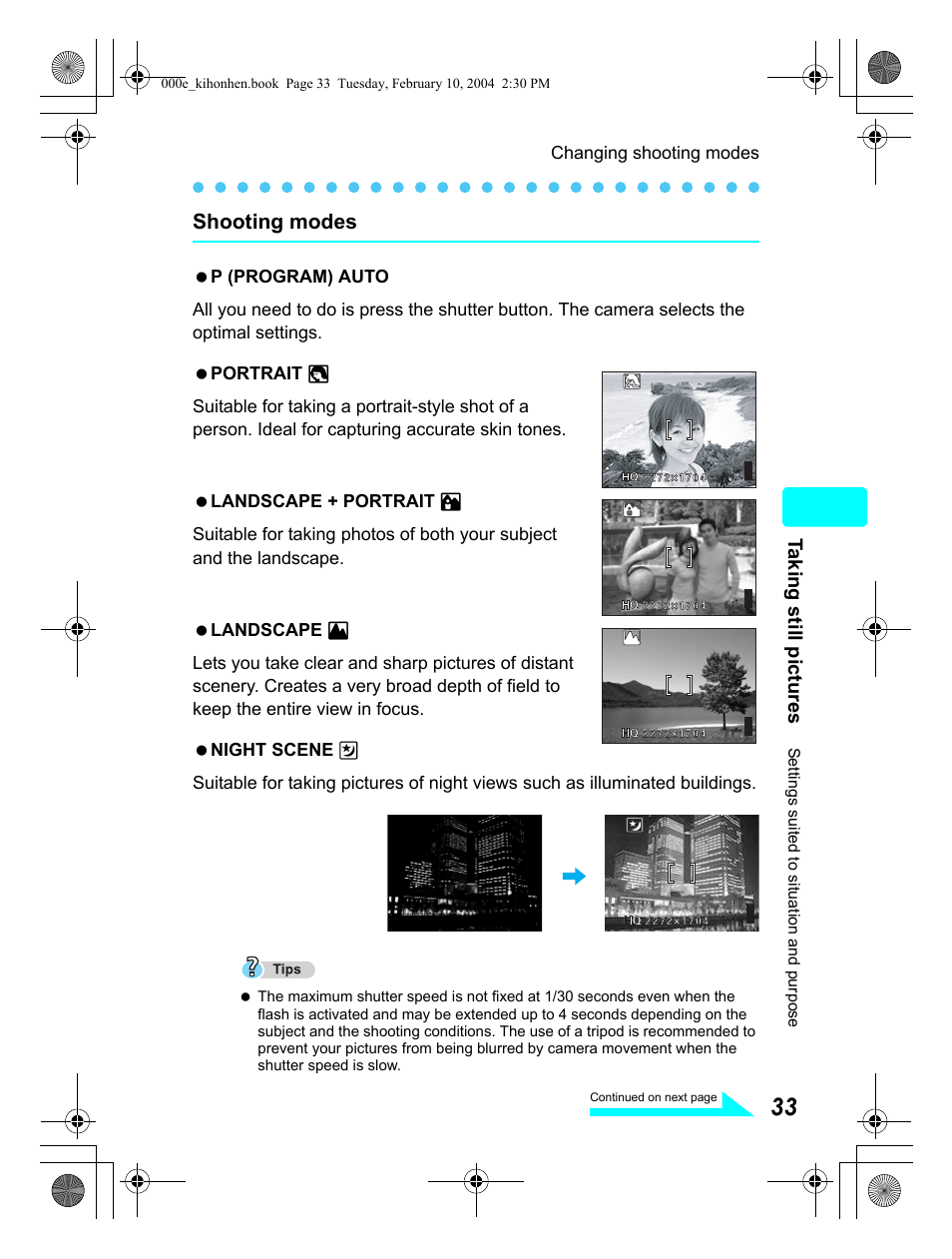 Shooting modes, Ta king still pictures | Olympus Stylus 410 Digital User Manual | Page 33 / 72