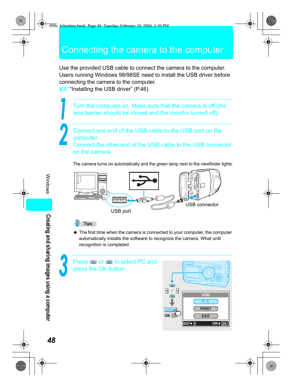 Connecting the camera to the computer | Olympus Stylus 410 Digital User Manual | Page 48 / 72