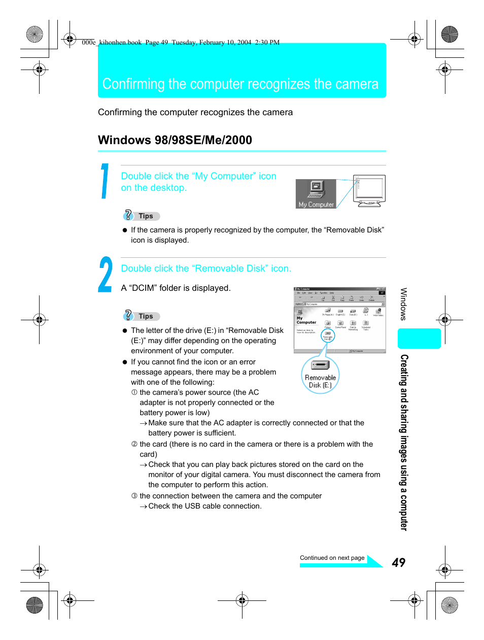 Confirming the computer recognizes the camera | Olympus Stylus 410 Digital User Manual | Page 49 / 72