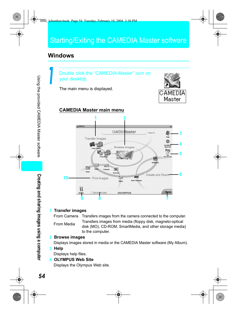 Starting/exiting the camedia master software, Windows | Olympus Stylus 410 Digital User Manual | Page 54 / 72