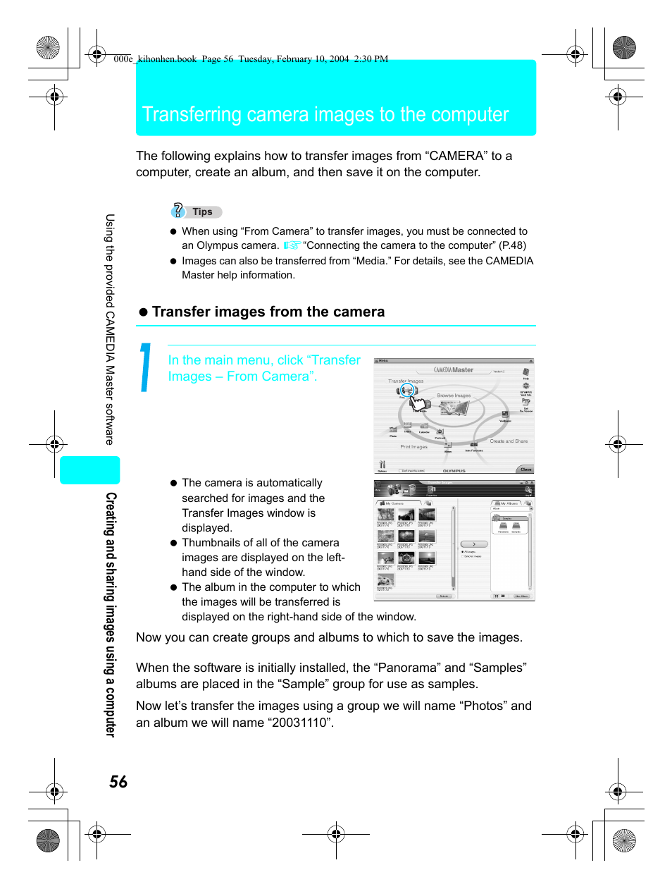 Transferring camera images to the computer, Transfer images from the camera | Olympus Stylus 410 Digital User Manual | Page 56 / 72