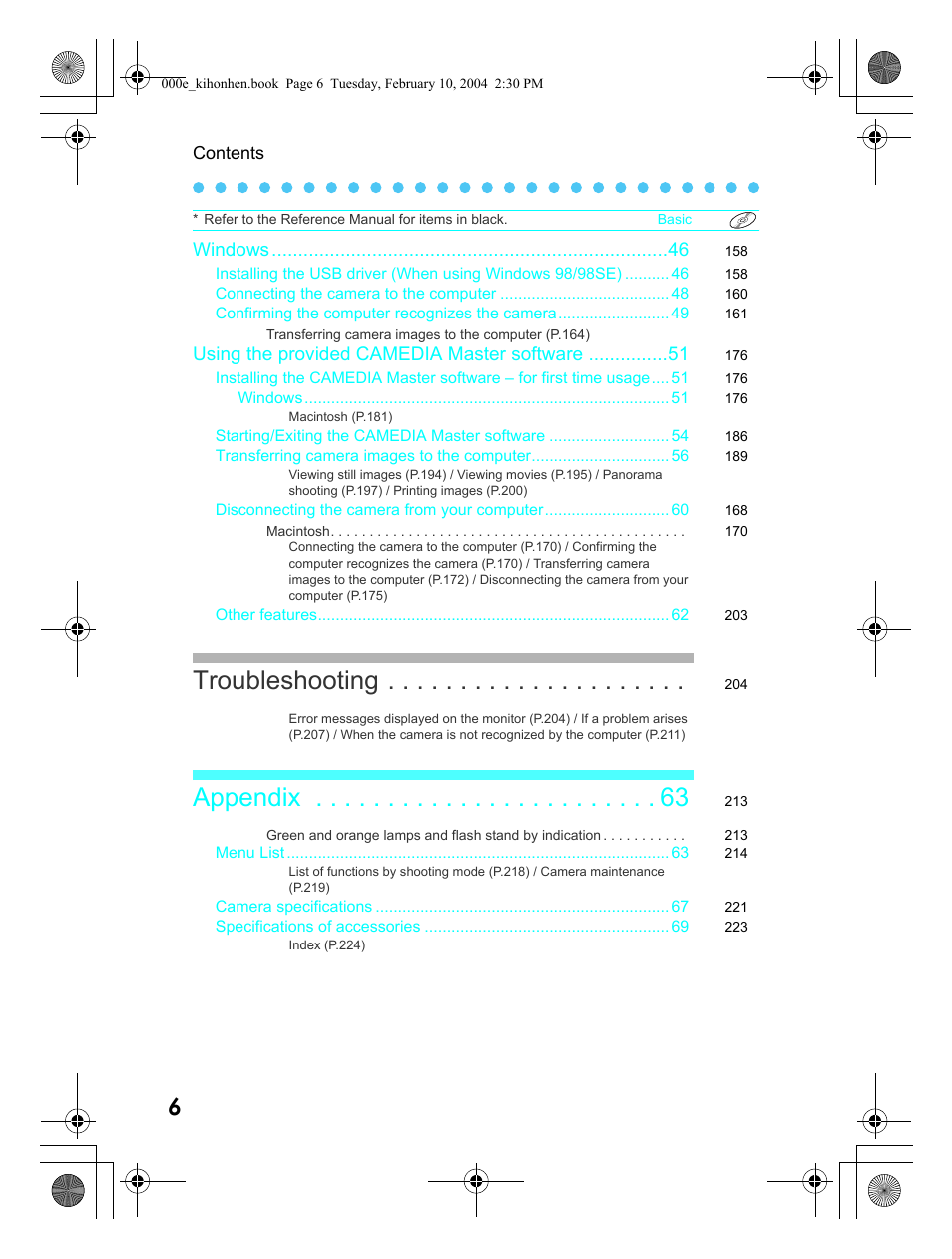 Troubleshooting, Appendix | Olympus Stylus 410 Digital User Manual | Page 6 / 72