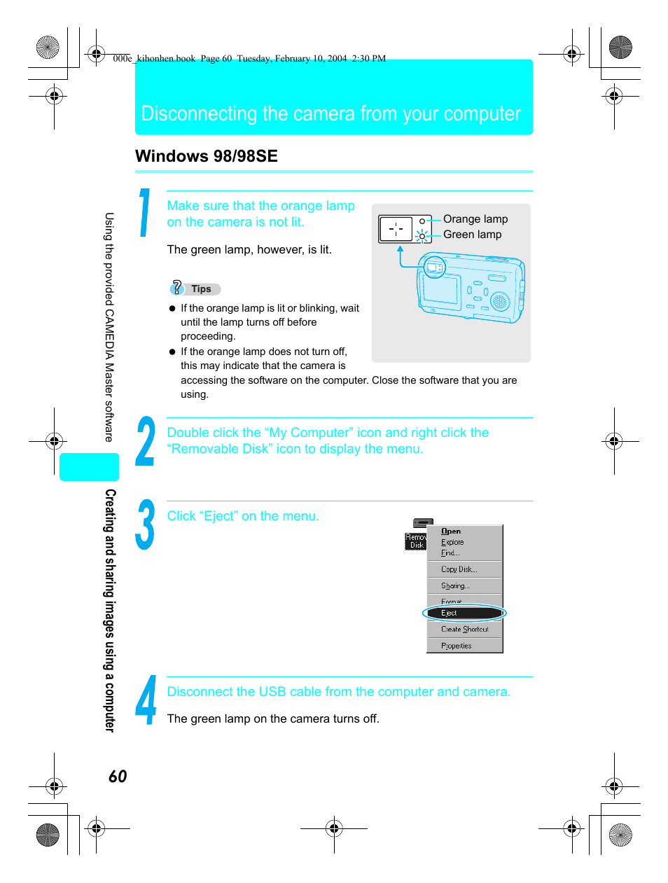 Disconnecting the camera from your computer, Windows 98/98se | Olympus Stylus 410 Digital User Manual | Page 60 / 72