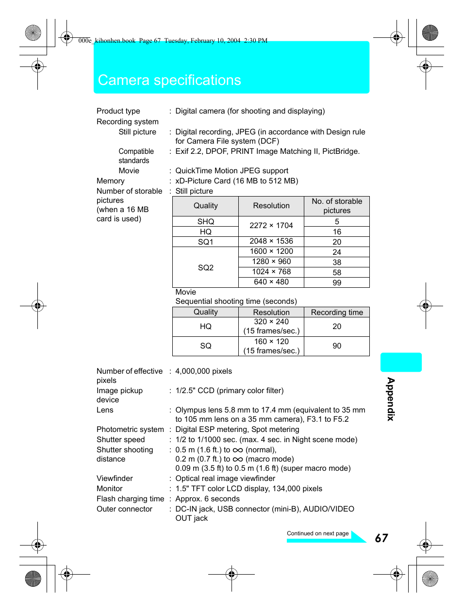 Camera specifications, Appendix | Olympus Stylus 410 Digital User Manual | Page 67 / 72