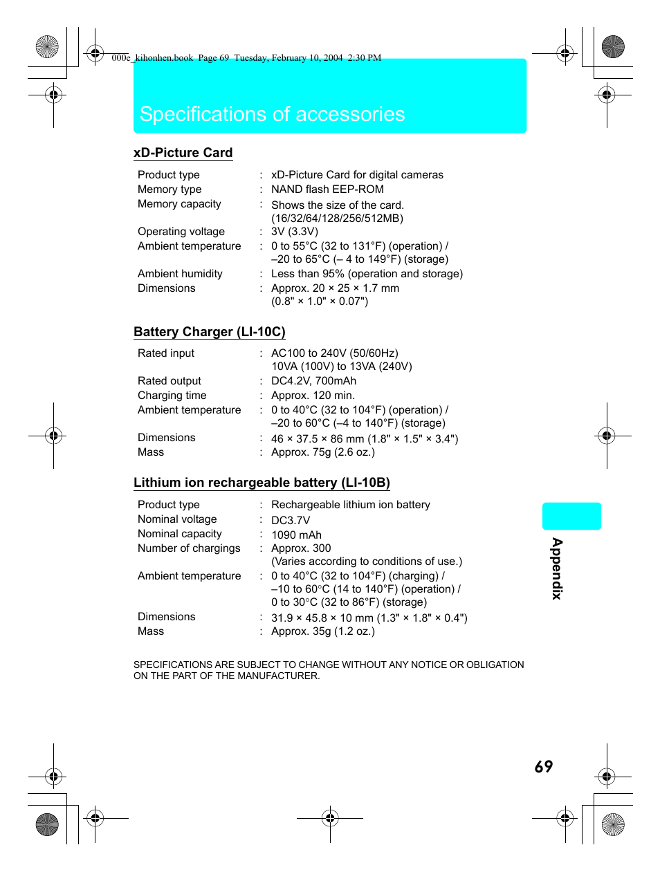 Specifications of accessories, Appendix | Olympus Stylus 410 Digital User Manual | Page 69 / 72