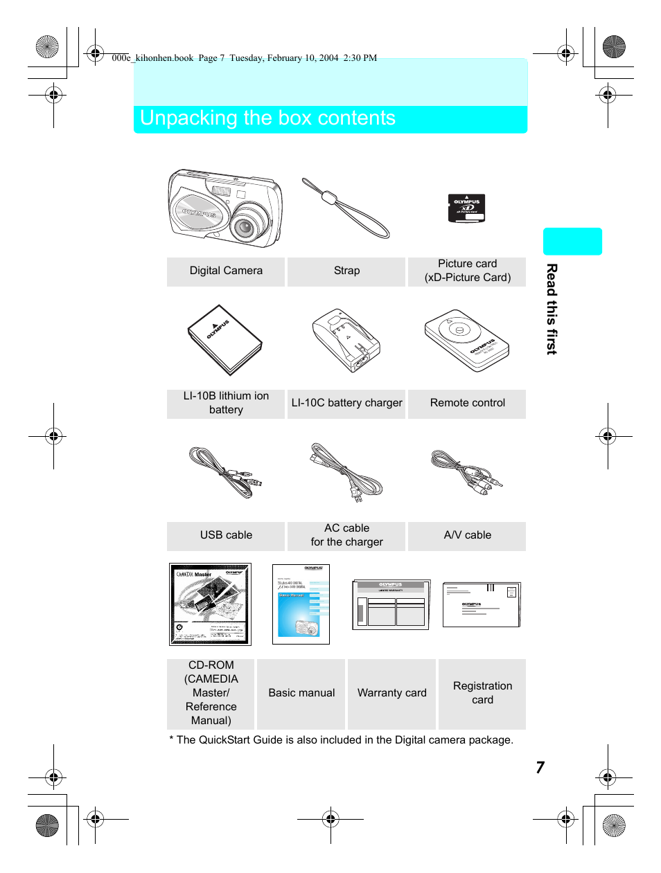 Unpacking the box contents, Read this first | Olympus Stylus 410 Digital User Manual | Page 7 / 72