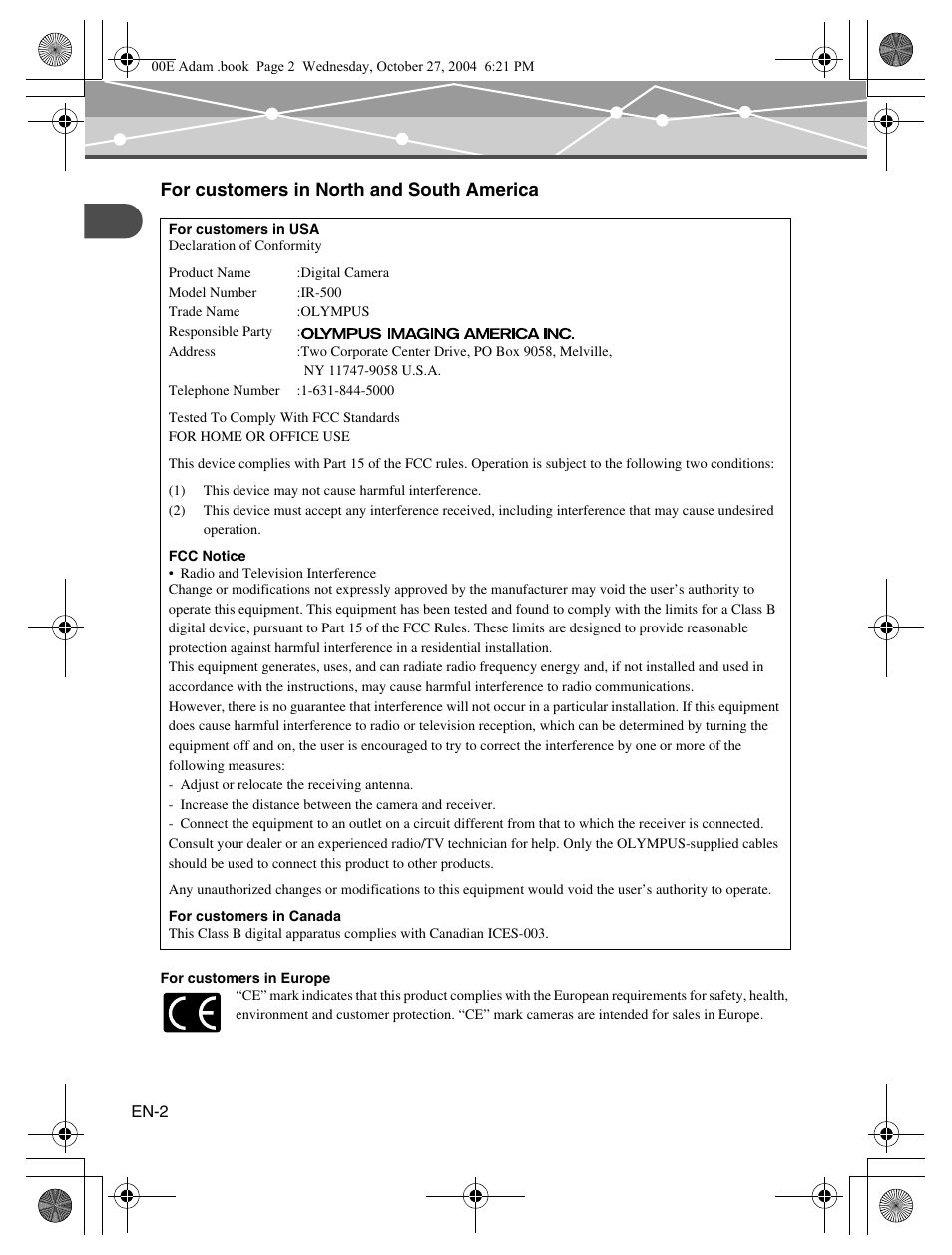 For customers in north and south america | Olympus IR-500 User Manual | Page 2 / 116