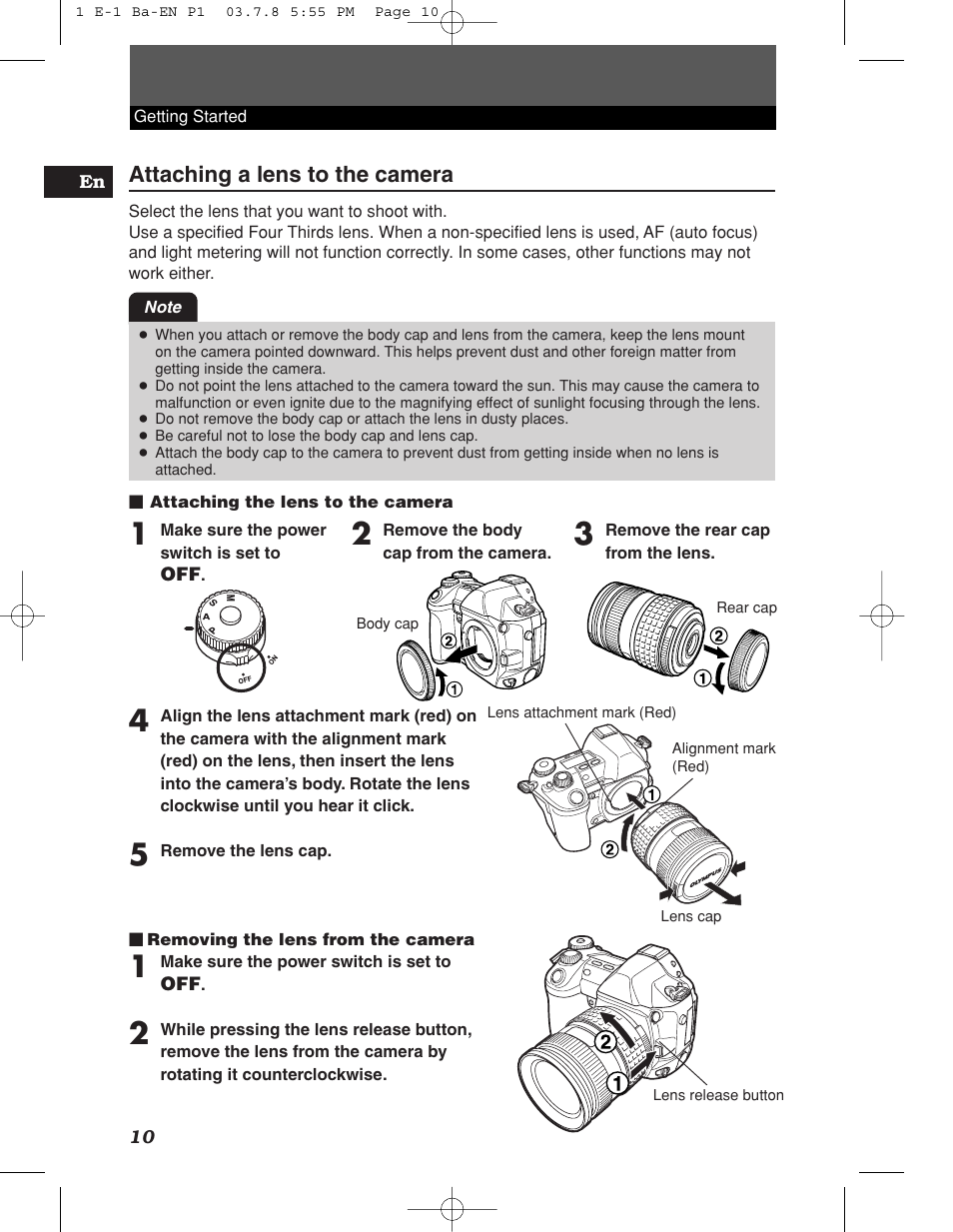 Attaching a lens to the camera | Olympus E-1 User Manual | Page 10 / 180