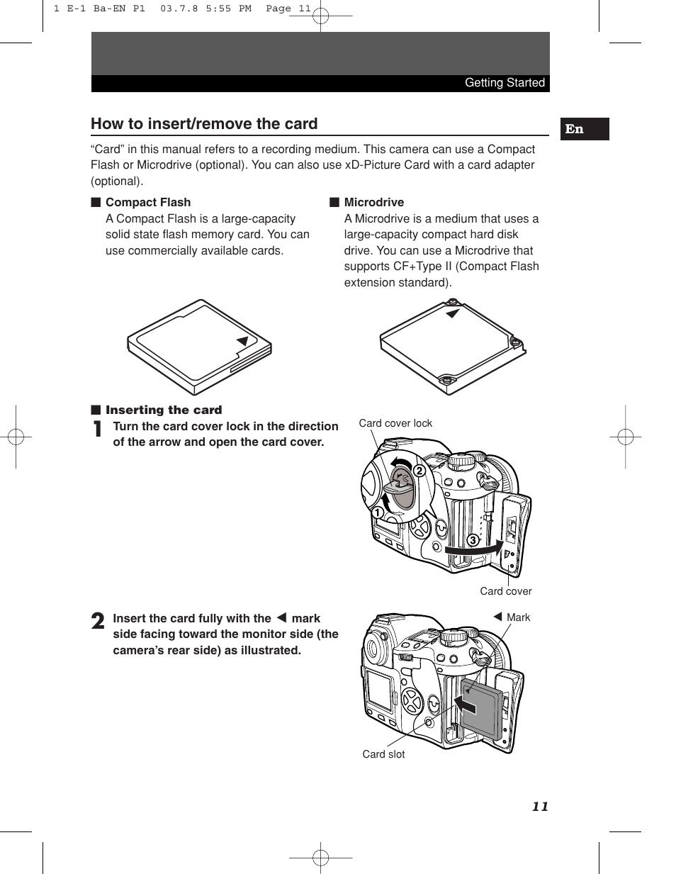 How to insert/remove the card | Olympus E-1 User Manual | Page 11 / 180