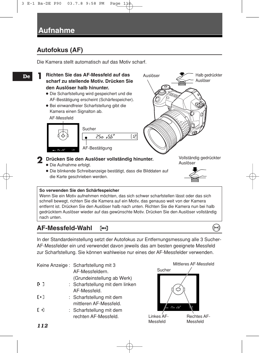 Aufnahme, Af-messfeld-wahl, Autofokus (af) | Olympus E-1 User Manual | Page 112 / 180