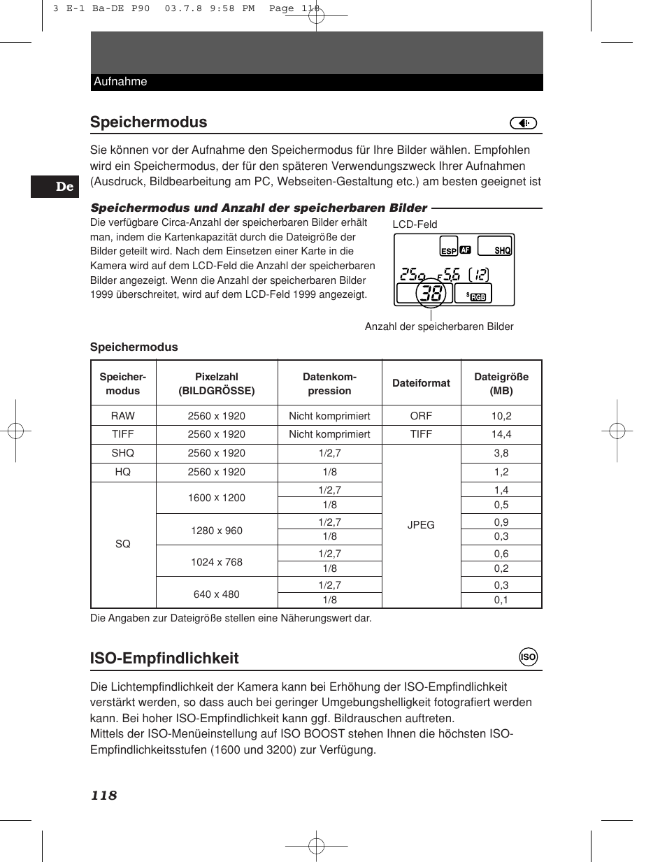 Speichermodus, Iso-empfindlichkeit, 118 de | Olympus E-1 User Manual | Page 118 / 180
