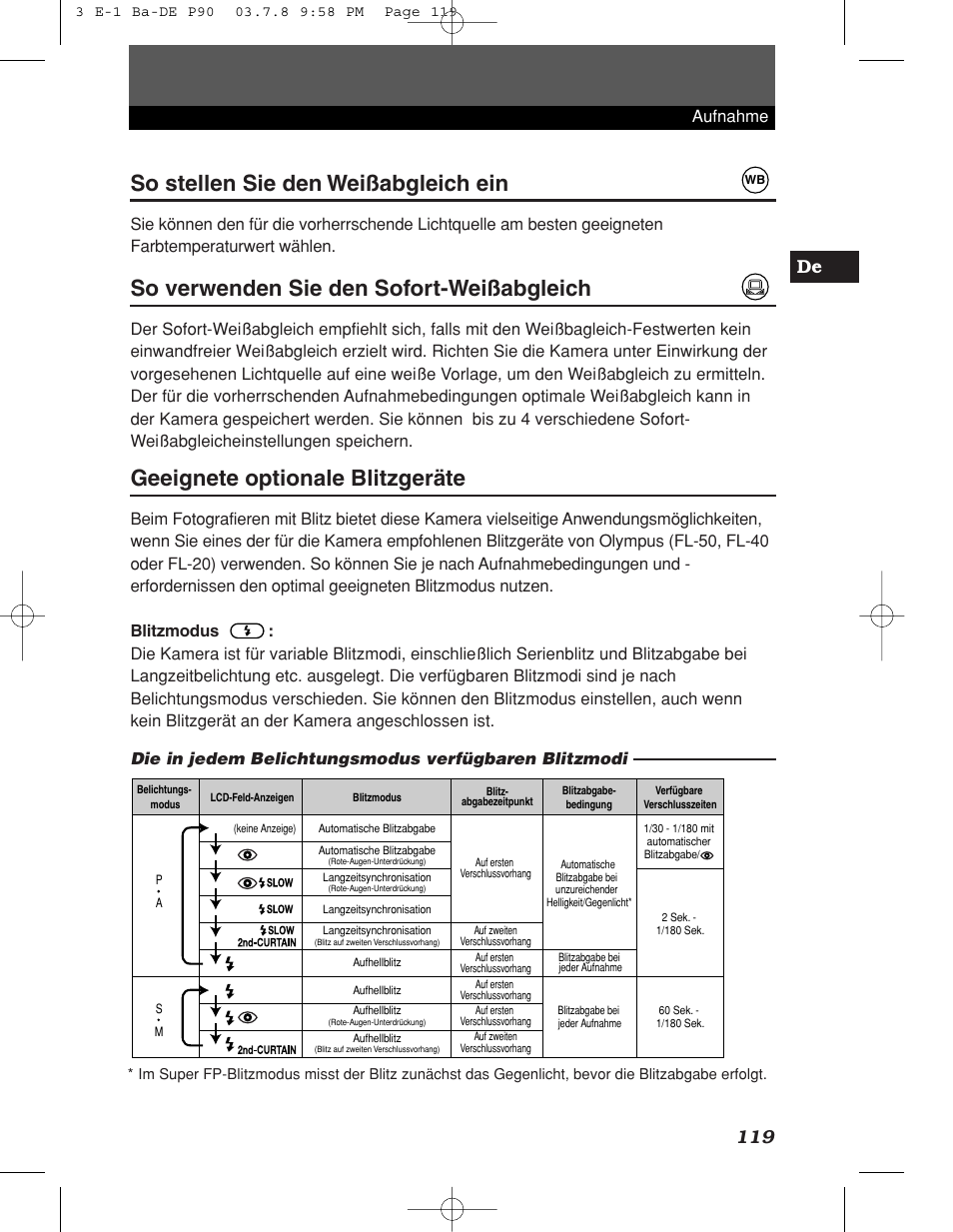 So verwenden sie den sofort-weißabgleich, Geeignete optionale blitzgeräte, So stellen sie den weißabgleich ein | 119 de, Aufnahme | Olympus E-1 User Manual | Page 119 / 180