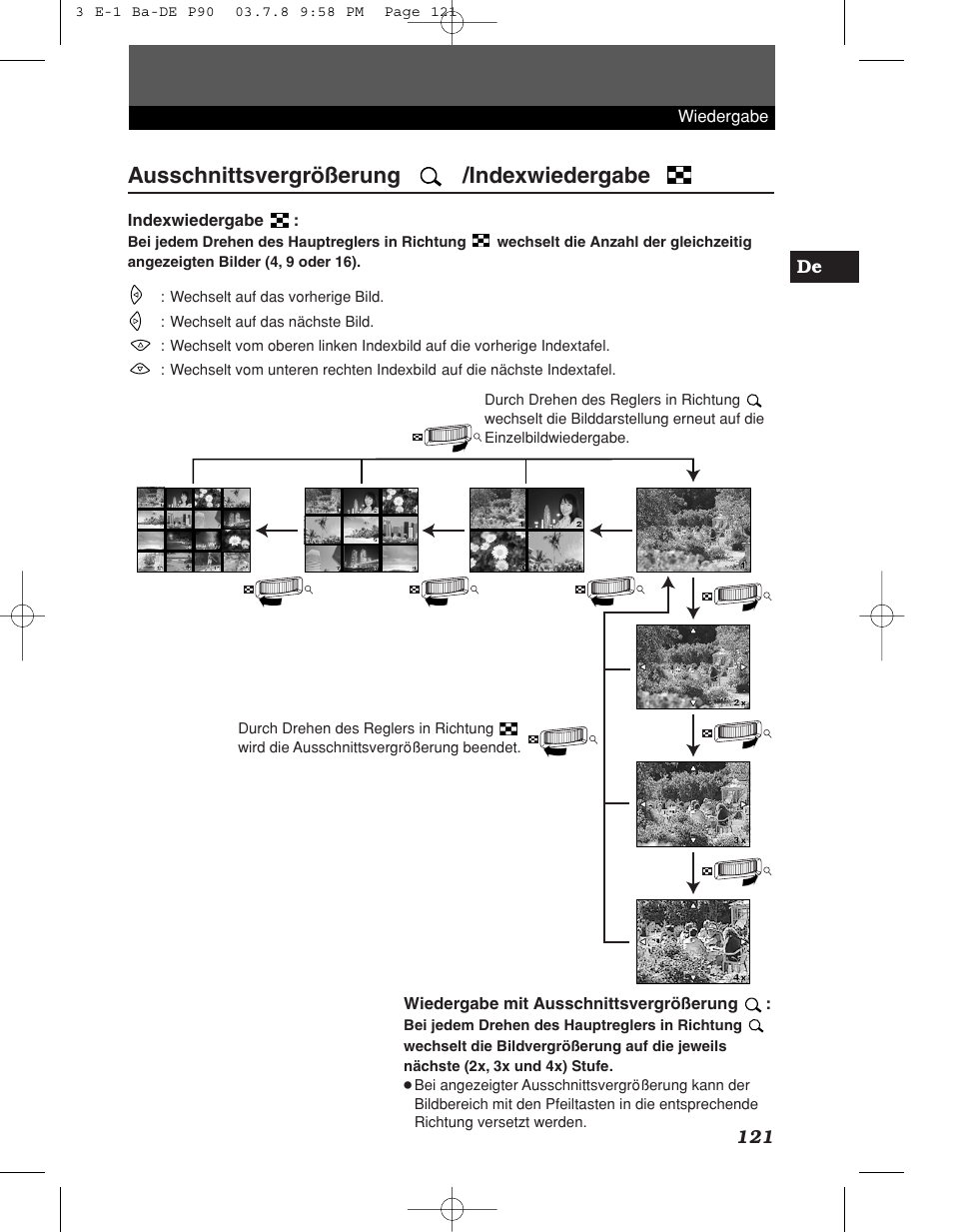 Ausschnittsvergrößerung /indexwiedergabe, 121 de, Wiedergabe indexwiedergabe | Wiedergabe mit ausschnittsvergrößerung | Olympus E-1 User Manual | Page 121 / 180