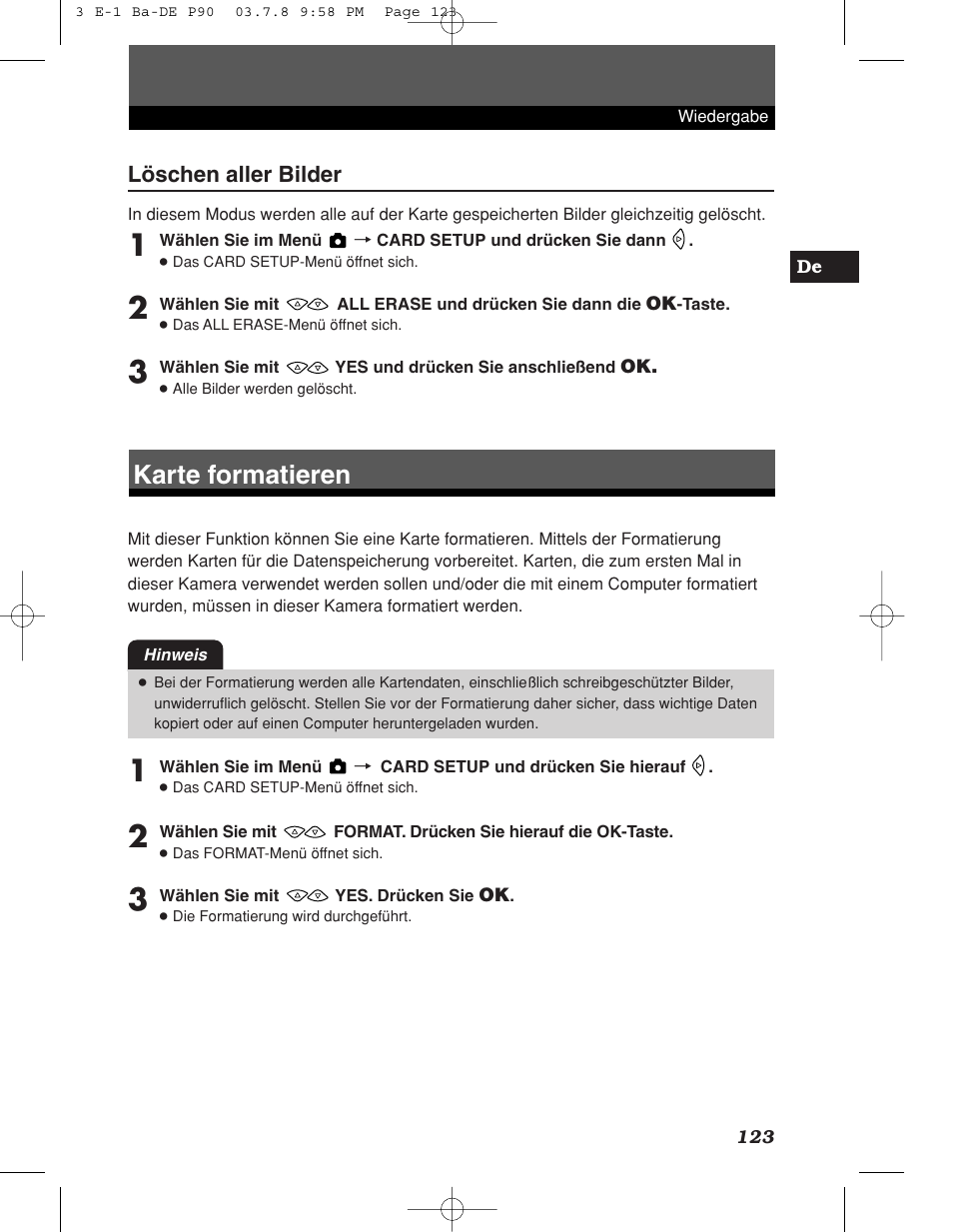 Karte formatieren, Löschen aller bilder | Olympus E-1 User Manual | Page 123 / 180