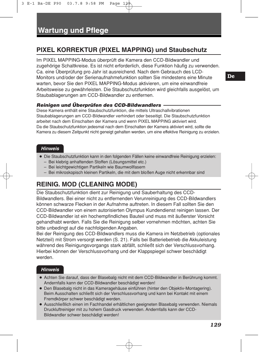 Wartung und pflege, Pixel korrektur (pixel mapping) und staubschutz, Reinig. mod (cleaning mode) | Olympus E-1 User Manual | Page 129 / 180